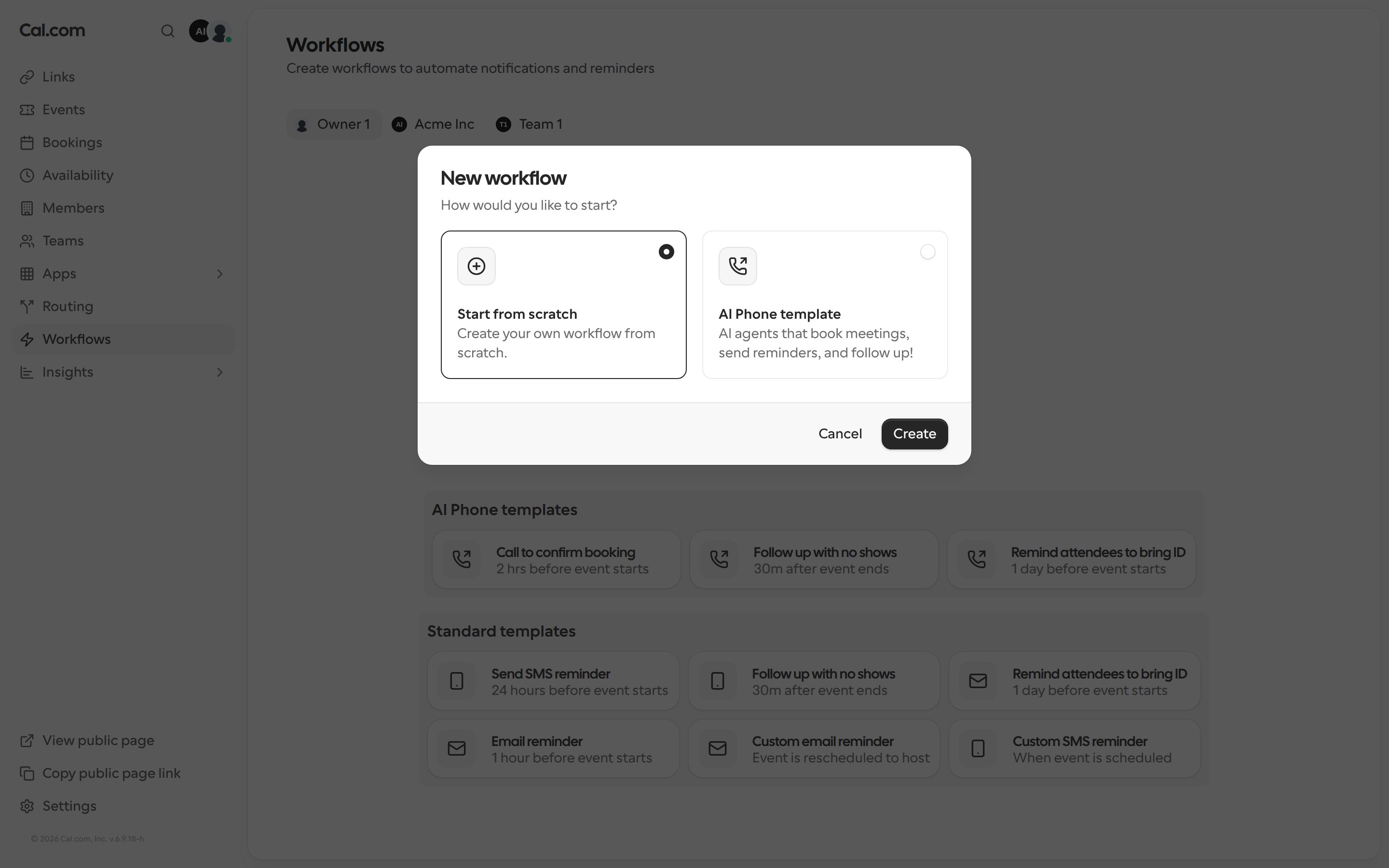 The New workflow dialog with Start from scratch and AI Phone template