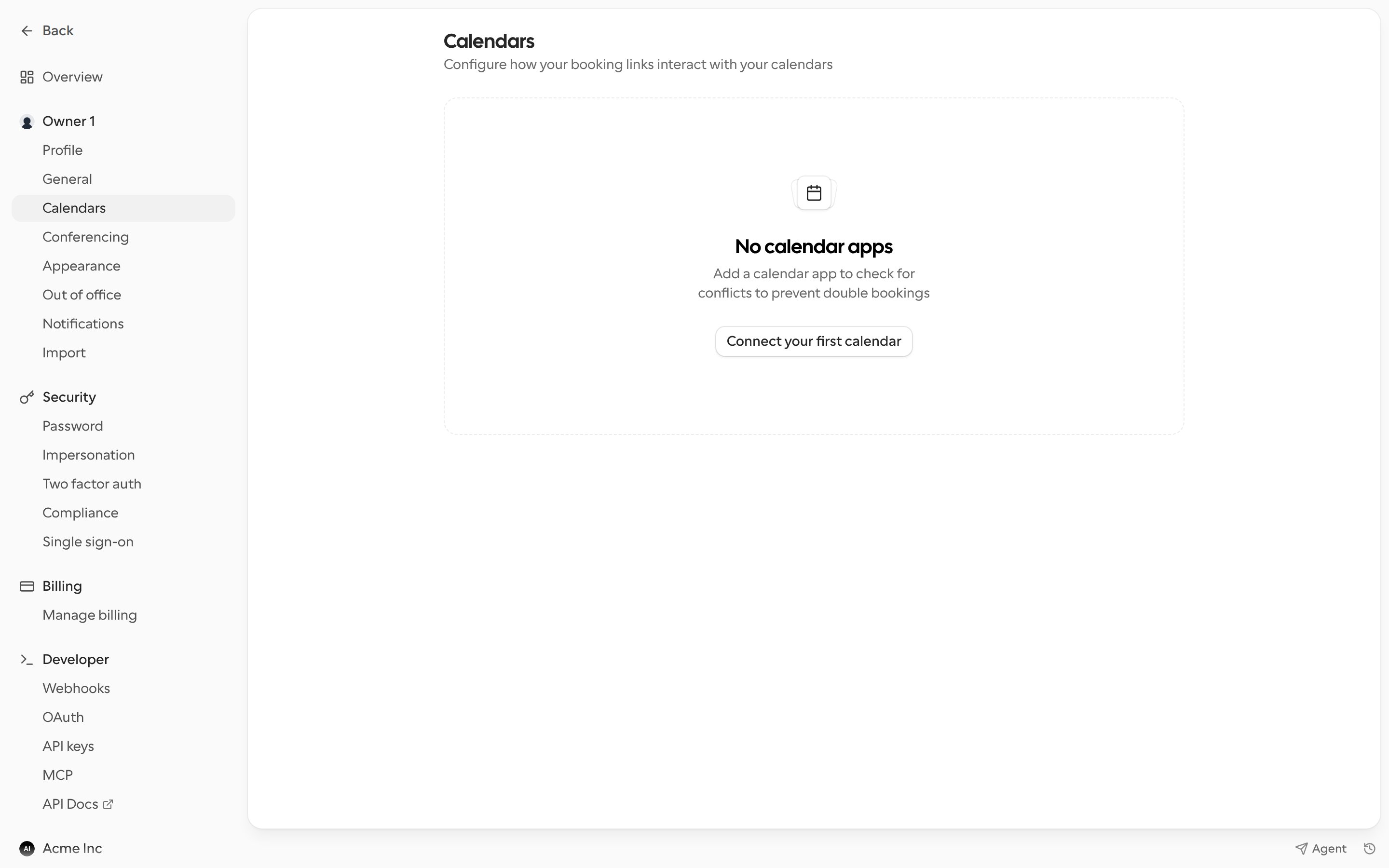 Calendars settings page with no calendars connected