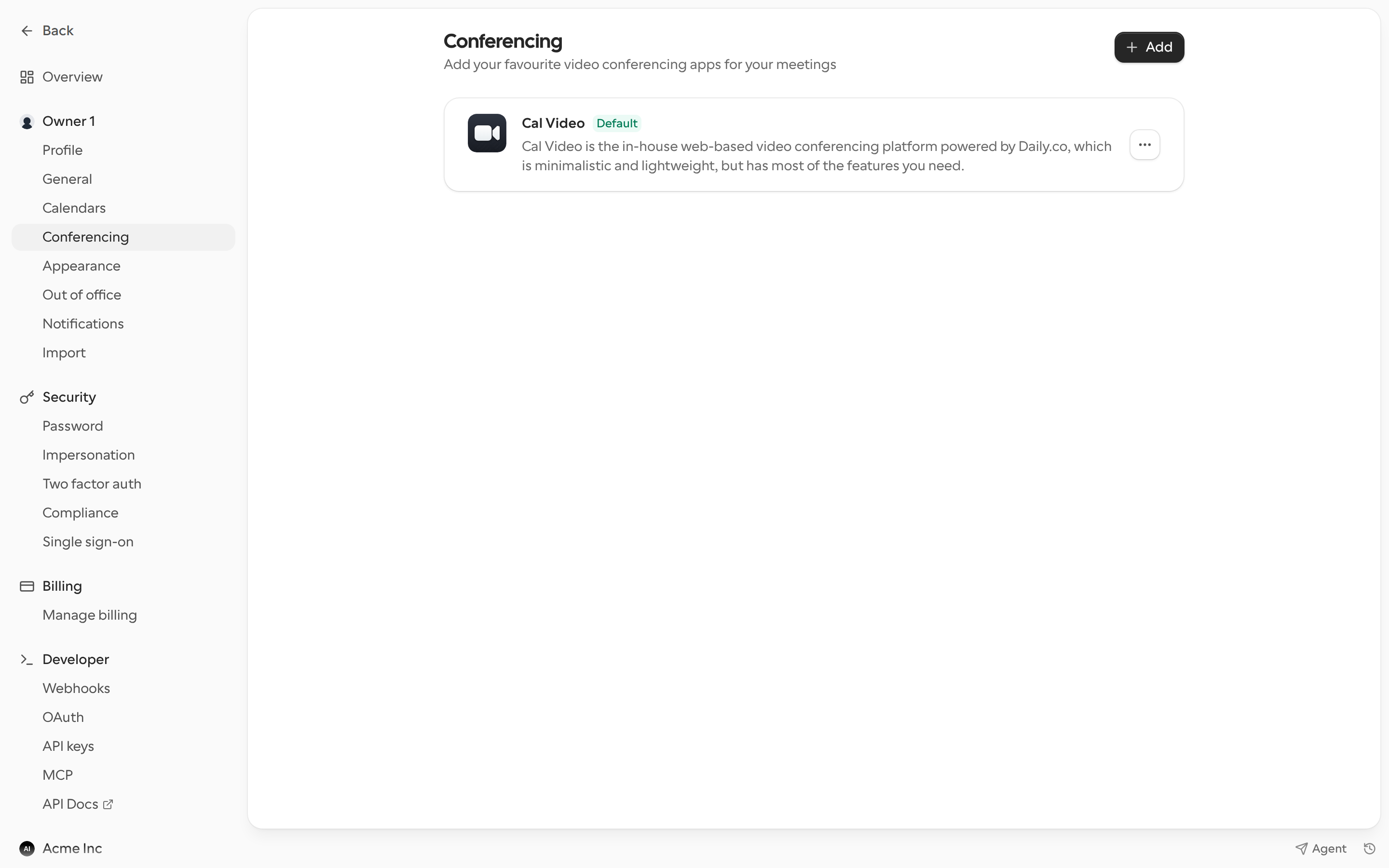 Conferencing settings with Cal Video as the default app