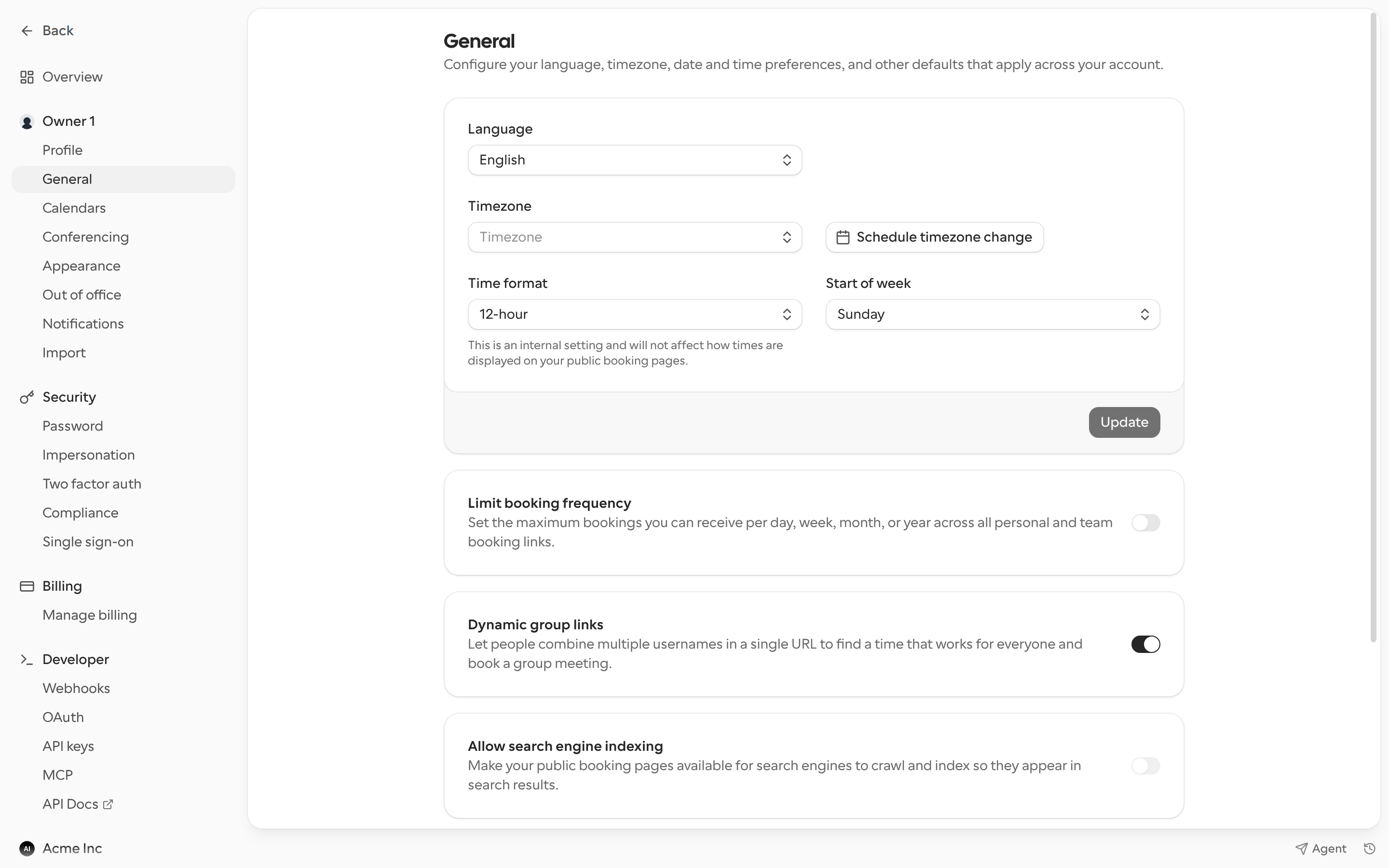 General settings page