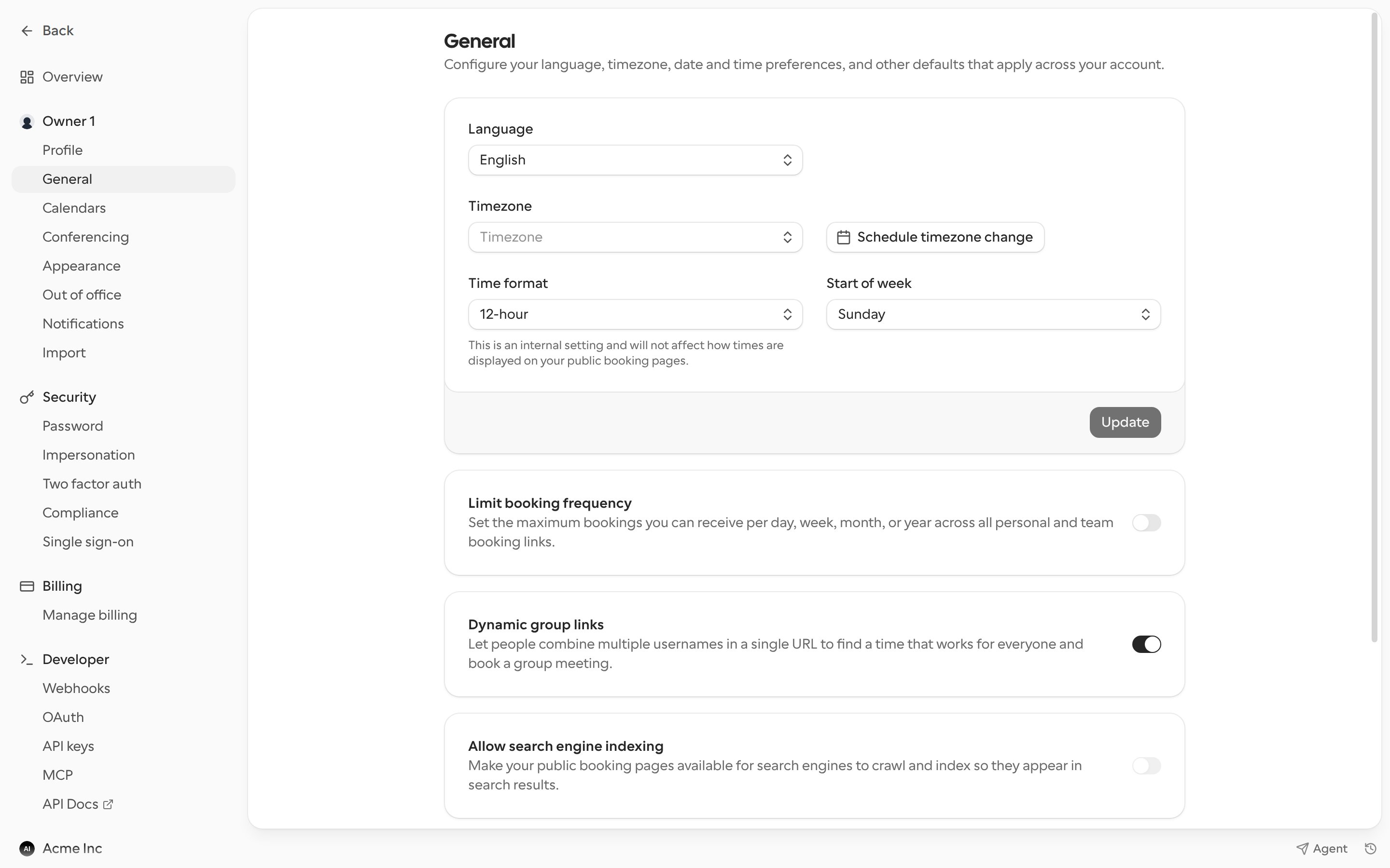 General settings page