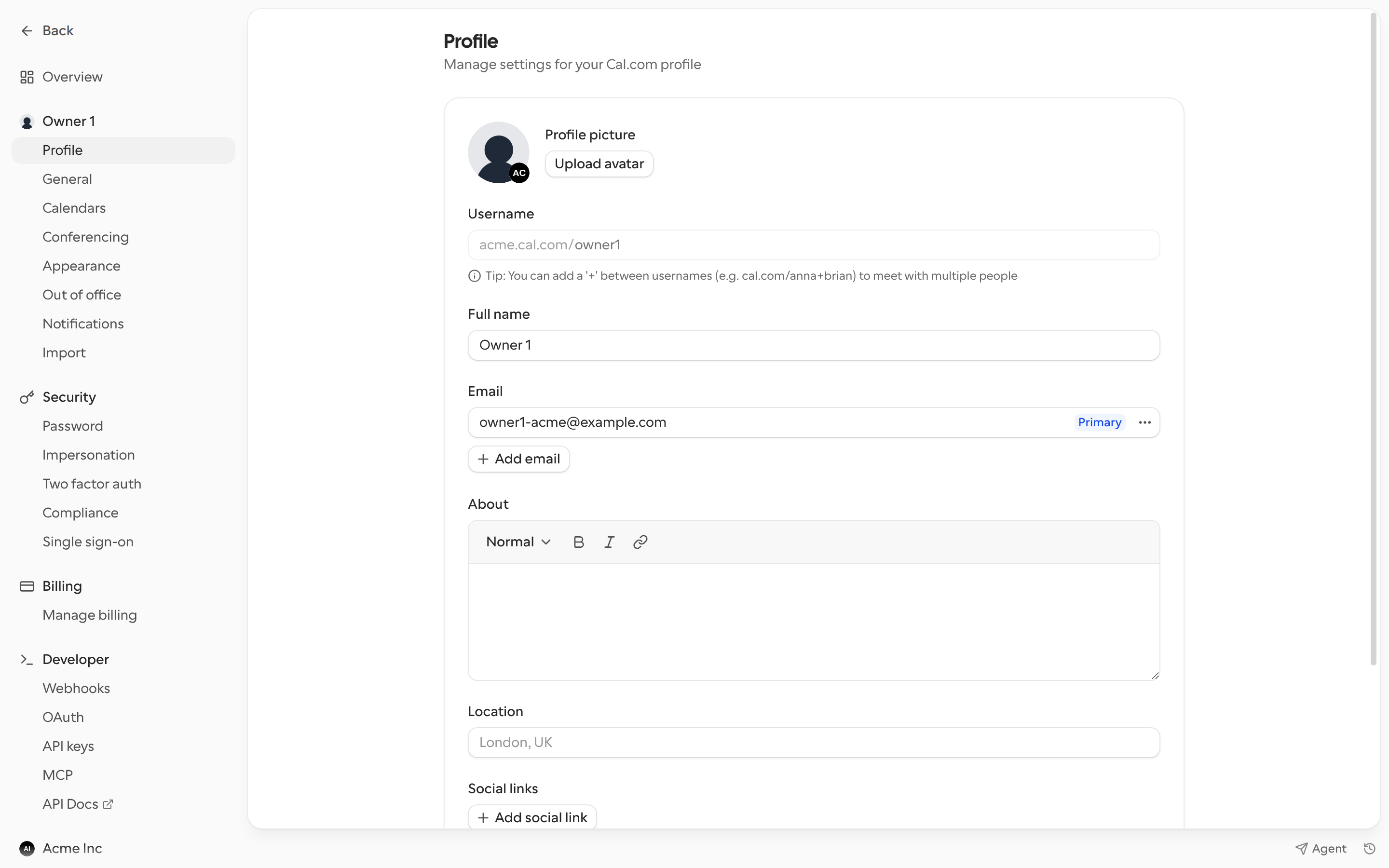 Profile settings page