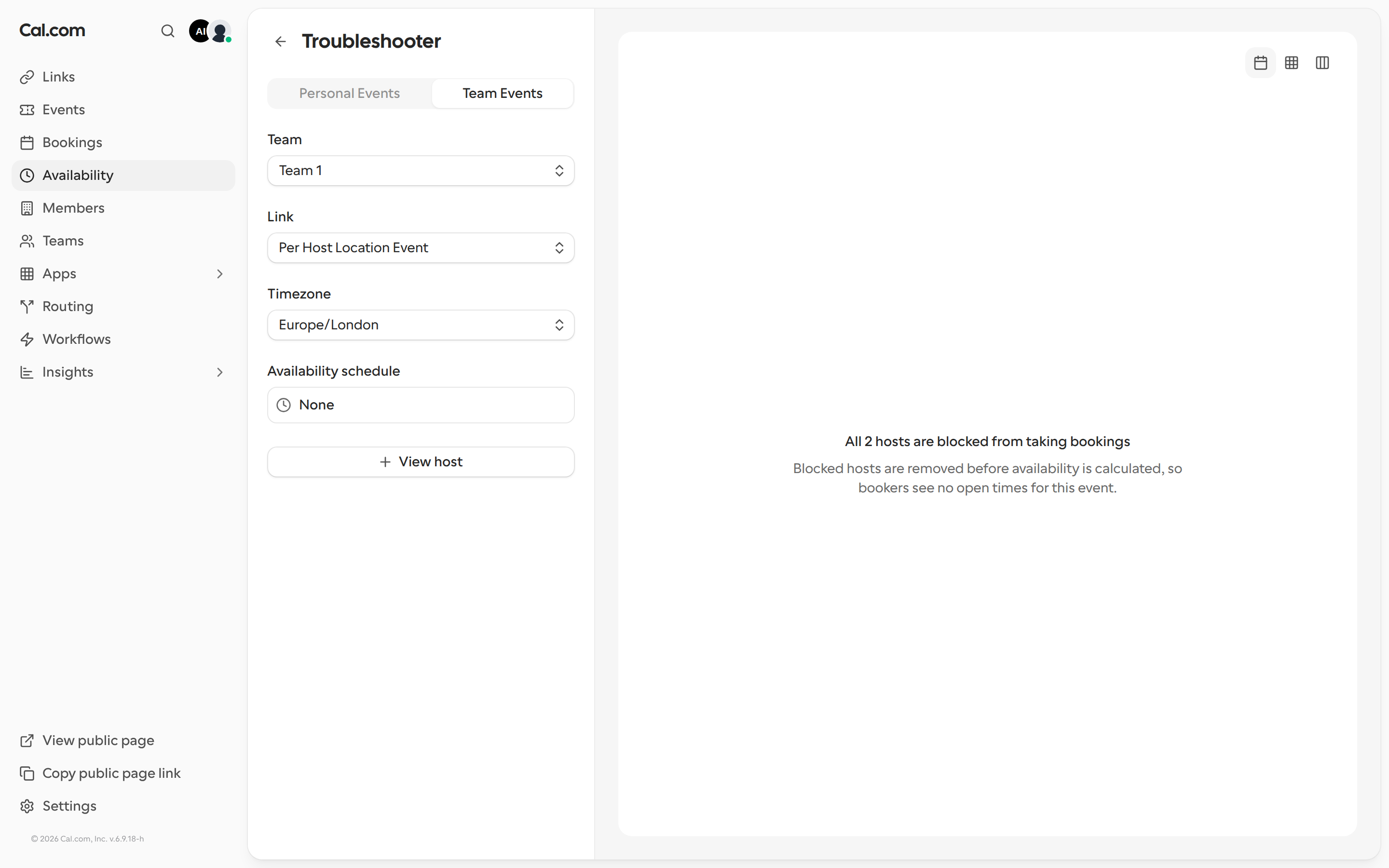 Troubleshooter for a team booking link showing All 2 hosts are blocked from taking bookings