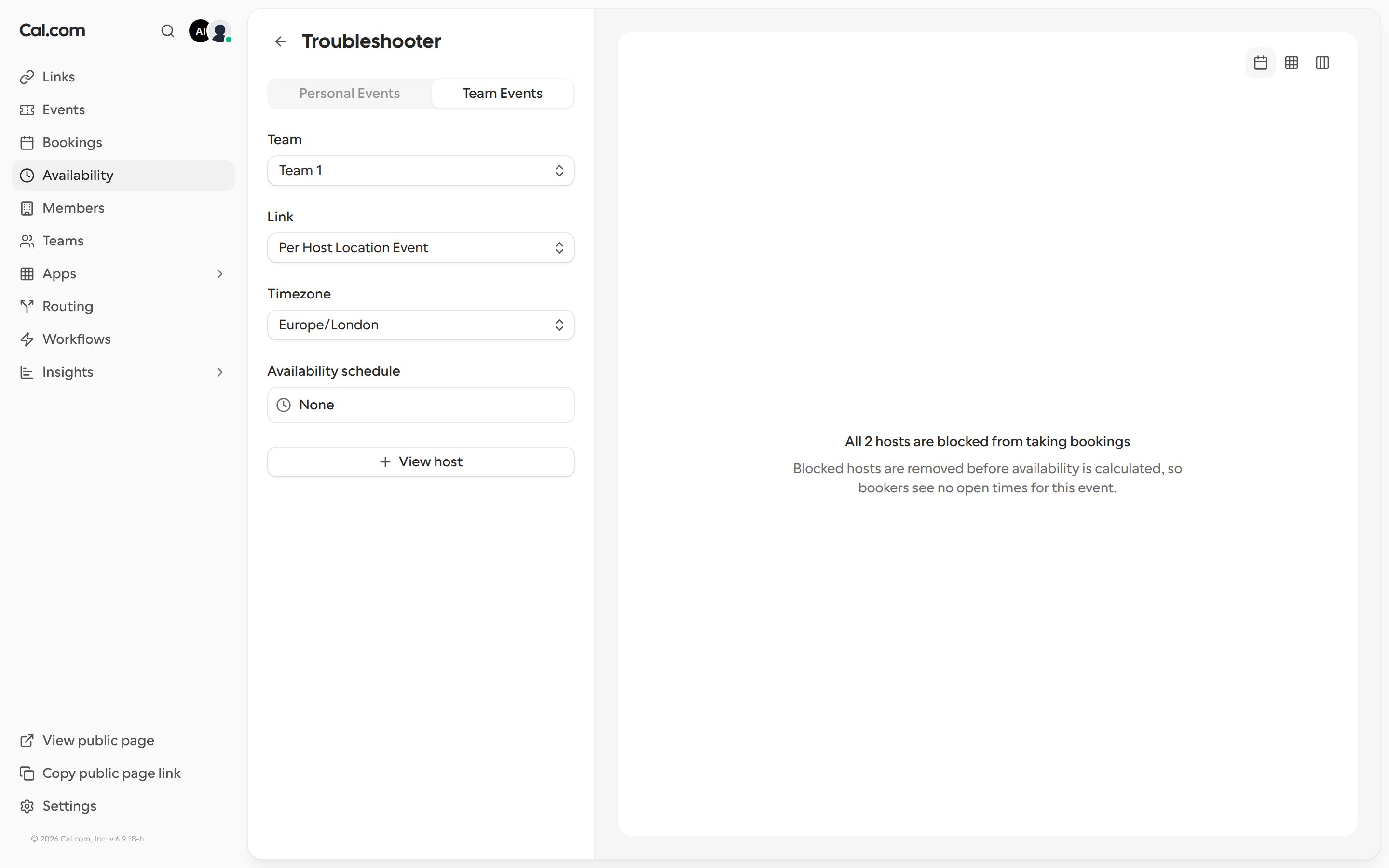 Troubleshooter for a team booking link showing All 2 hosts are blocked from taking bookings