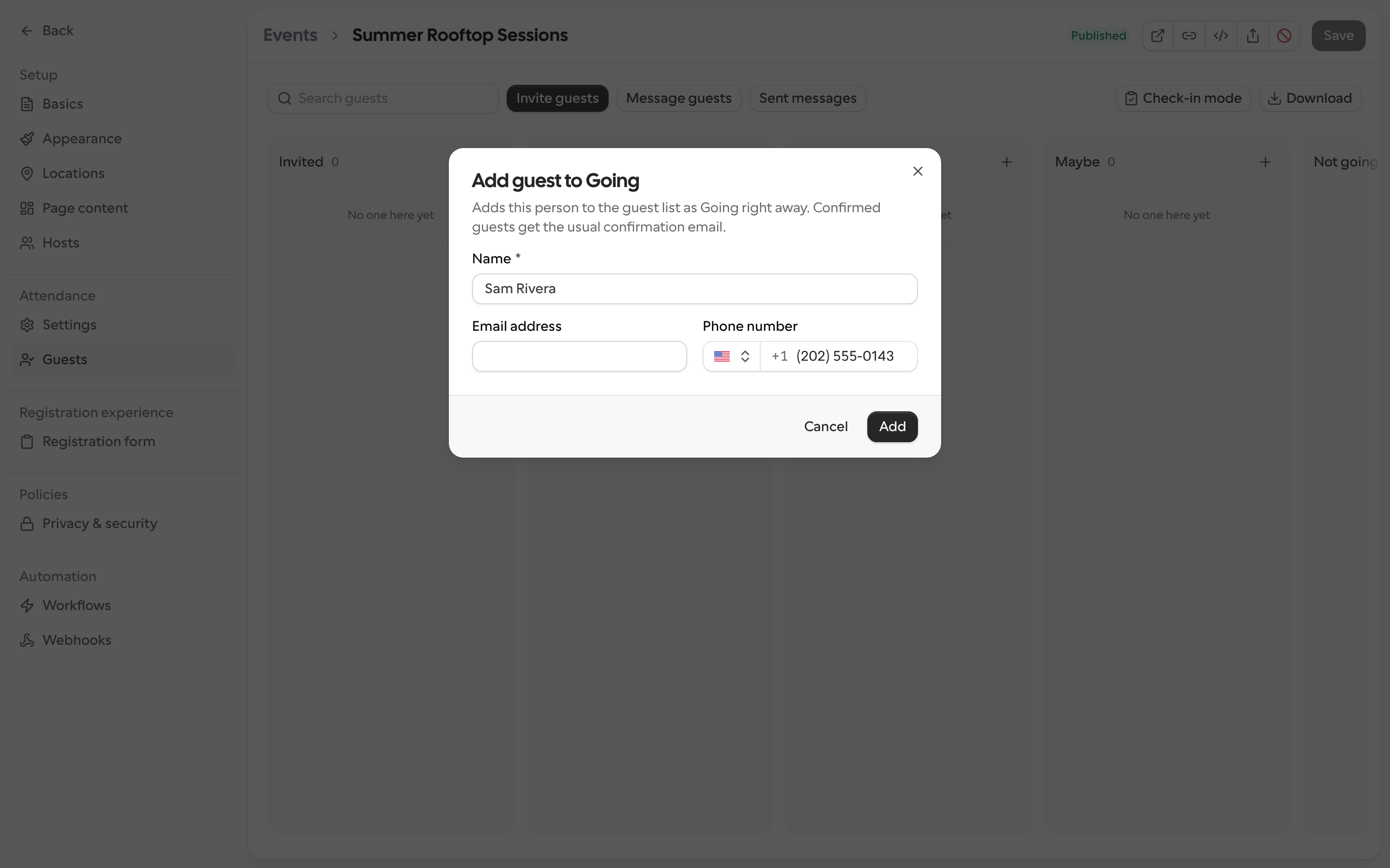 Add guest to Going dialog with a name and phone number and an empty email address
