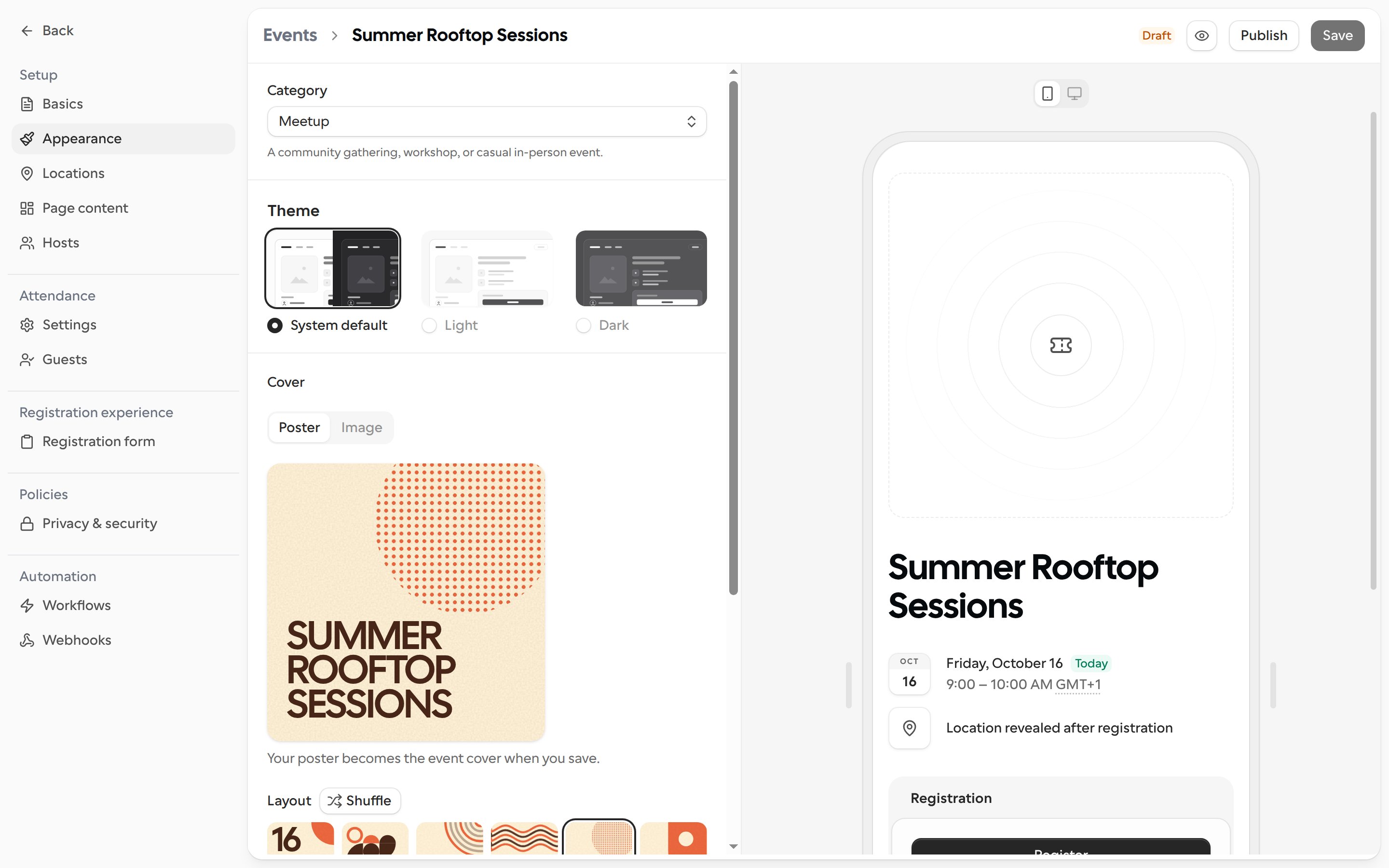 Appearance tab with the Category, Theme and Cover settings and the Poster cover selected
