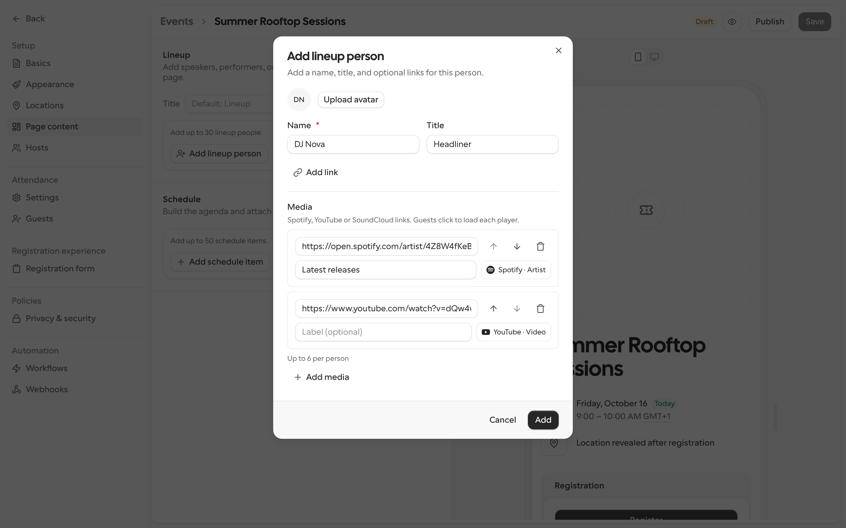 Add lineup person dialog with a Spotify and a YouTube link under Media