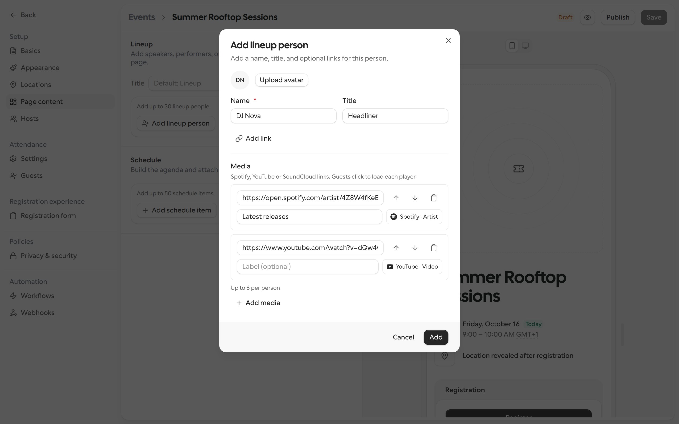 Add lineup person dialog with a Spotify and a YouTube link under Media