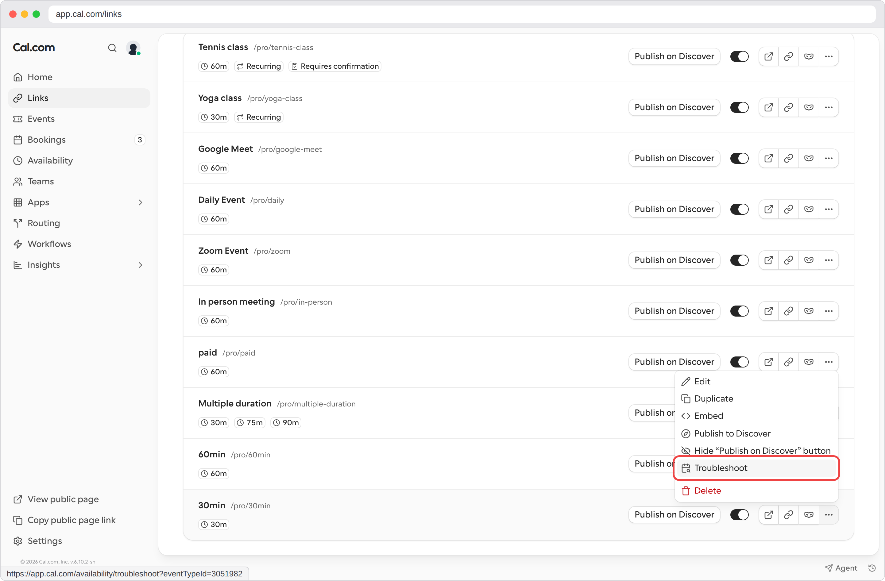 Troubleshoot option in the link's three-dot menu on the Links page