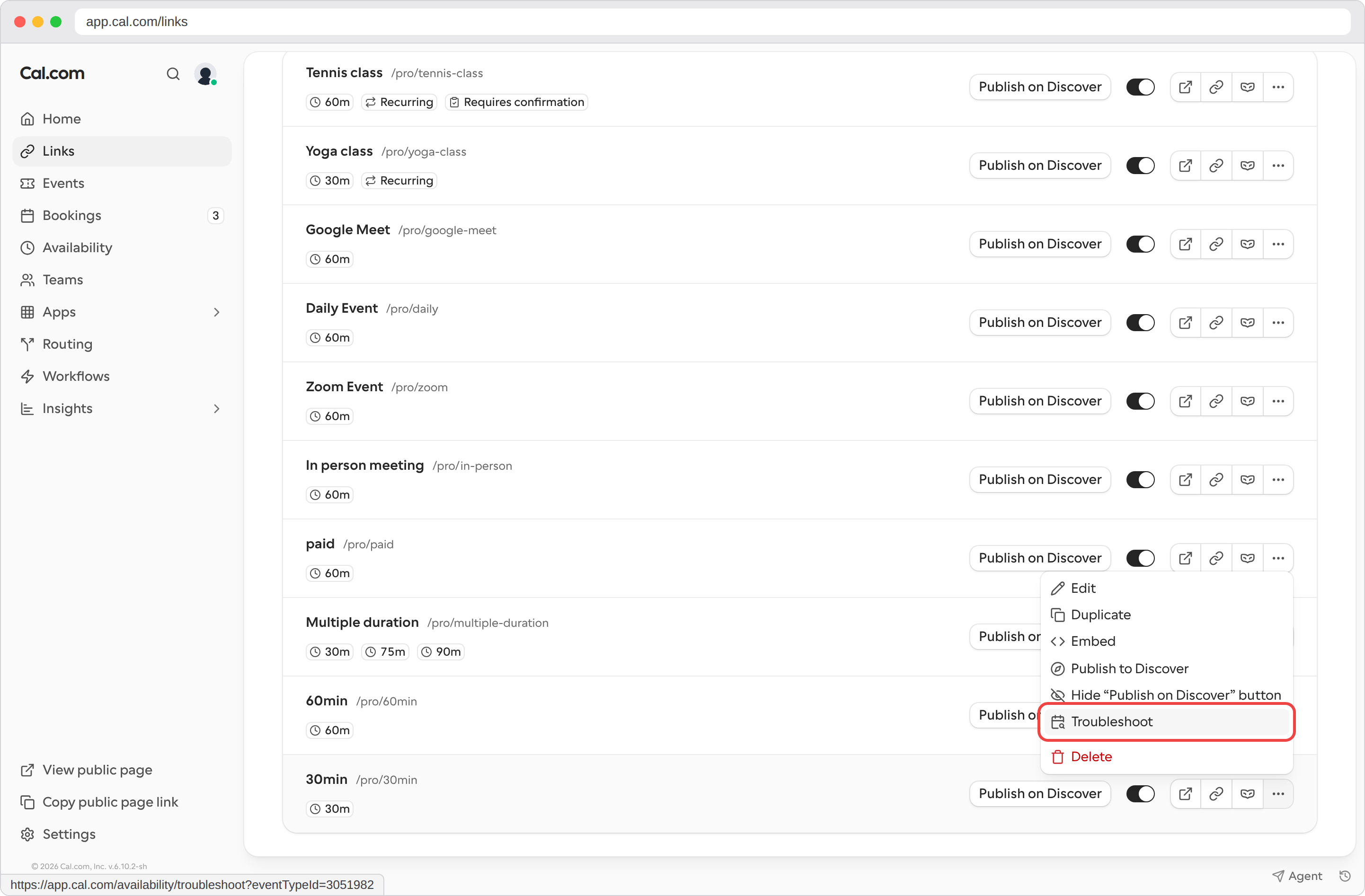 Troubleshoot option in the link's three-dot menu on the Links page