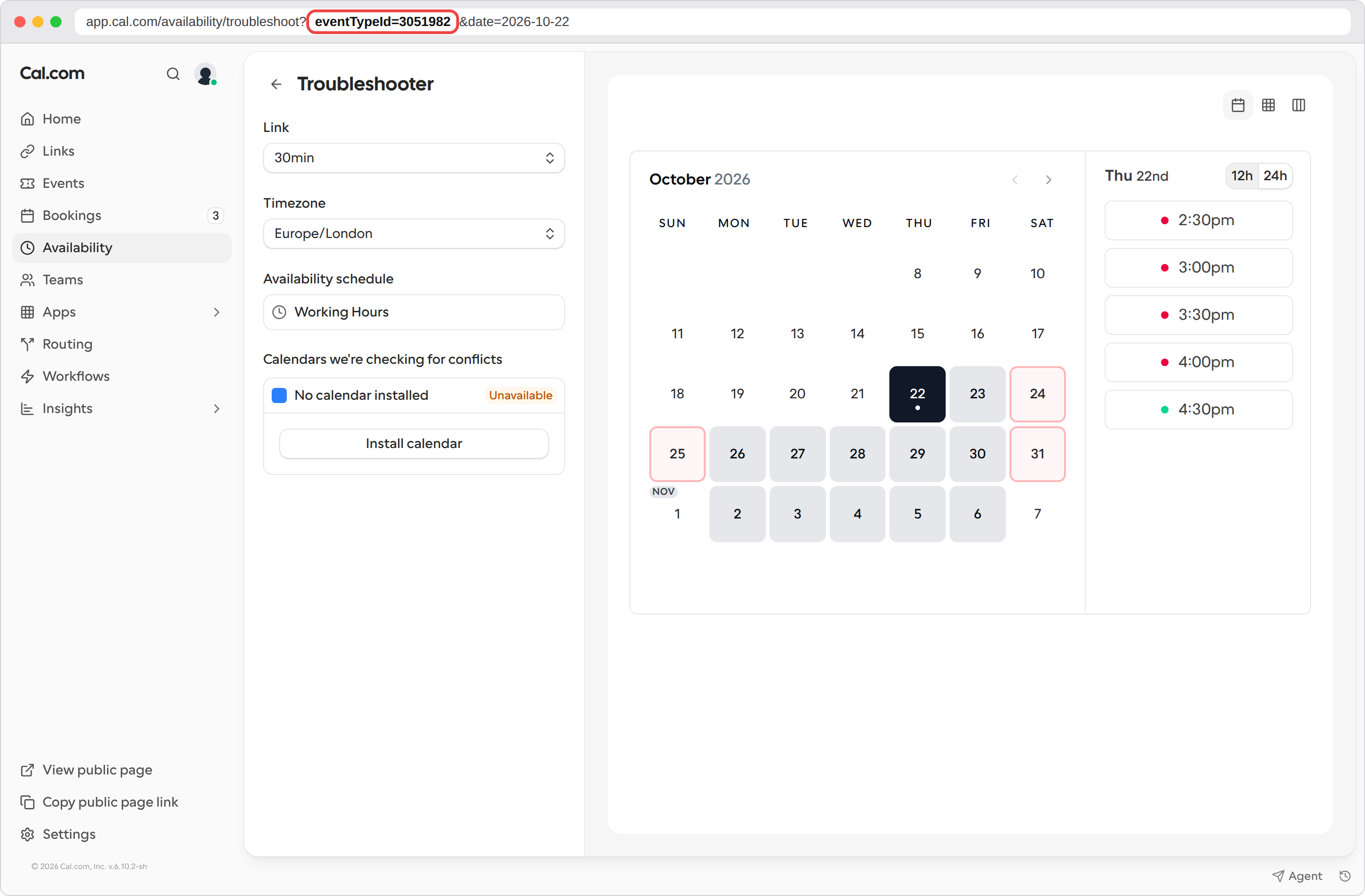 Link ID shown after eventTypeId= in the troubleshooter URL
