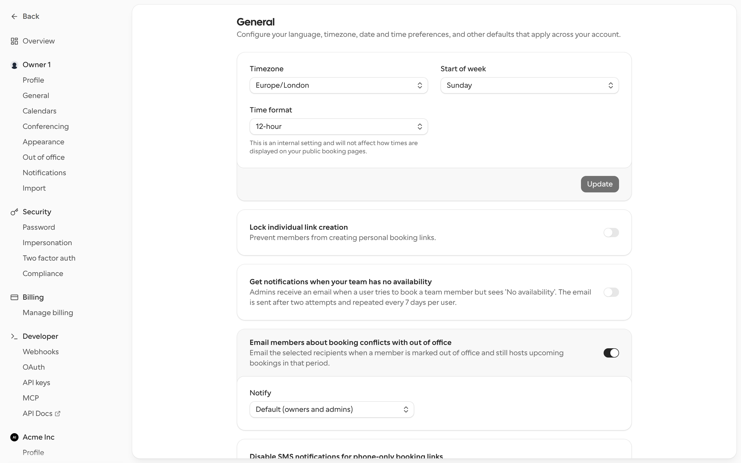 The out of office booking conflict email setting in organization General settings, with the Notify dropdown