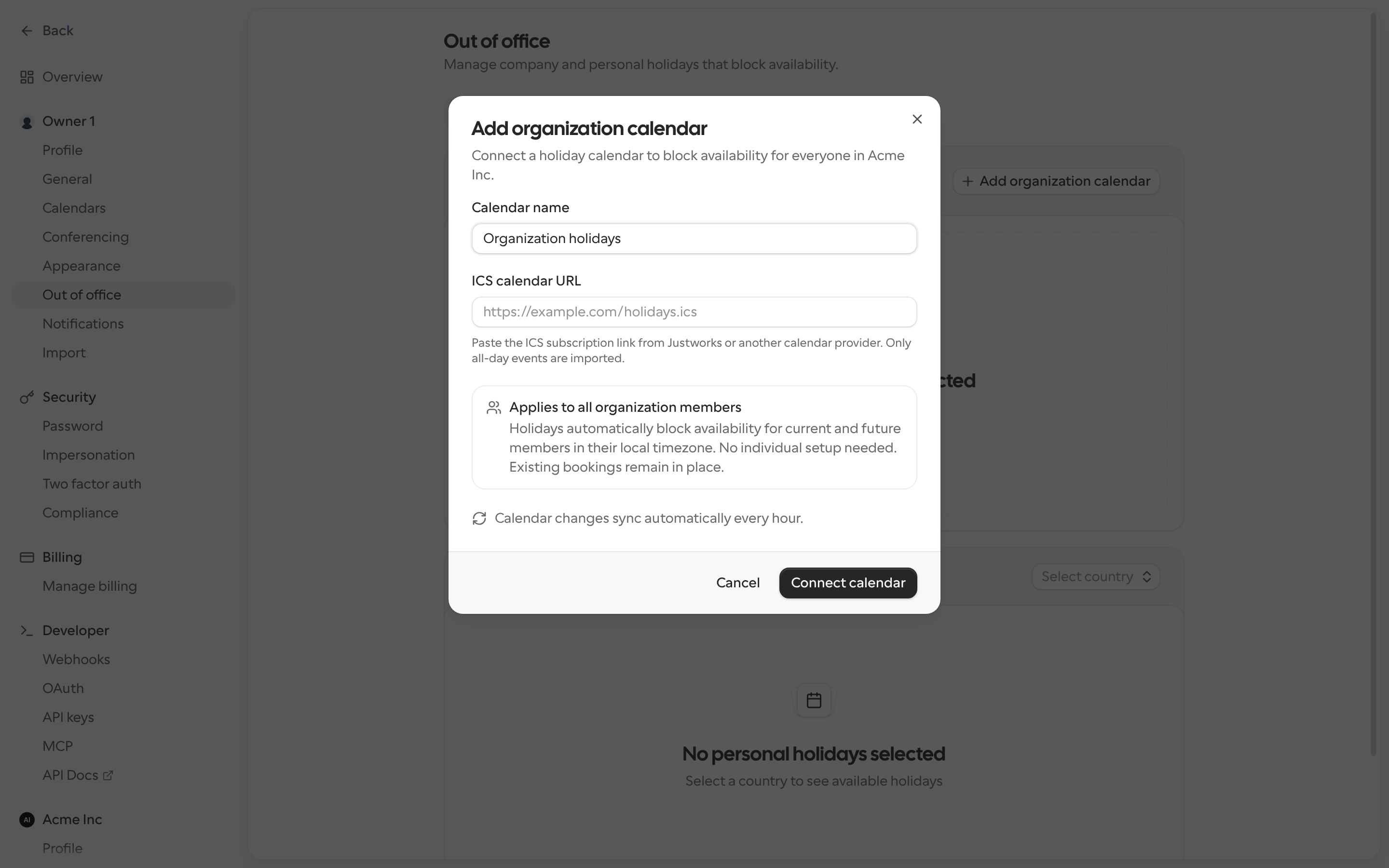 The Add organization calendar dialog with Calendar name and ICS calendar URL fields