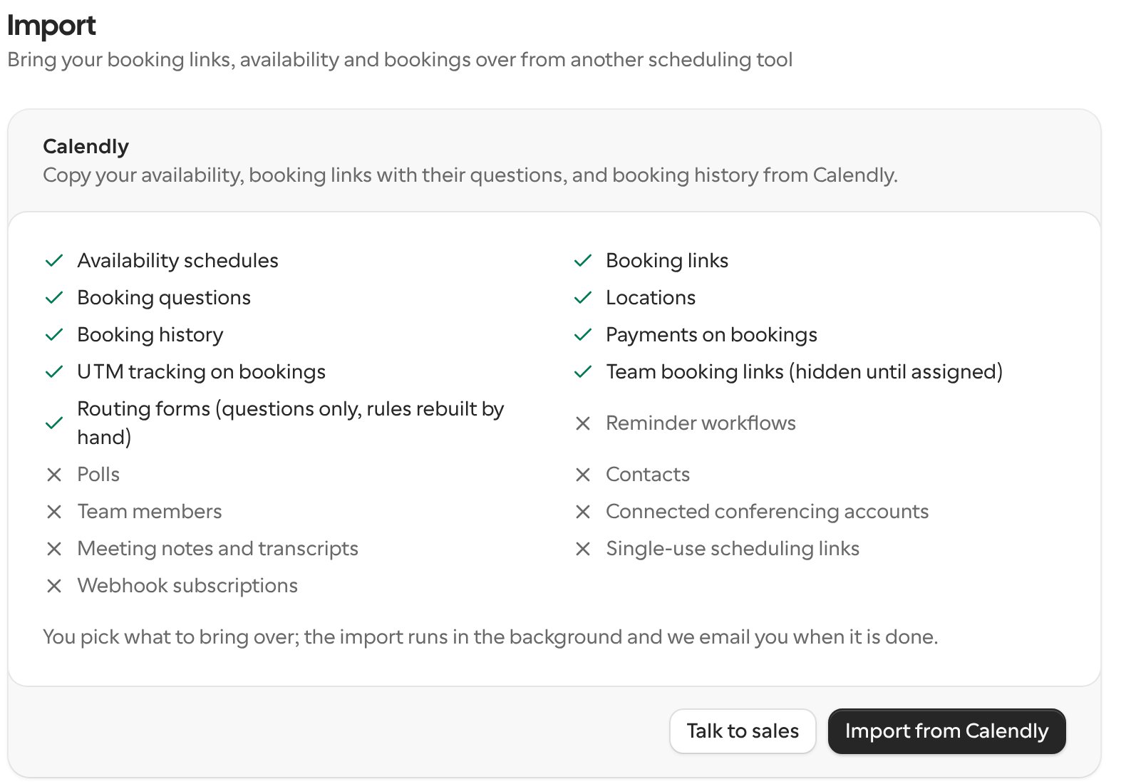 Import settings page showing what is imported from Calendly, with the Import from Calendly button
