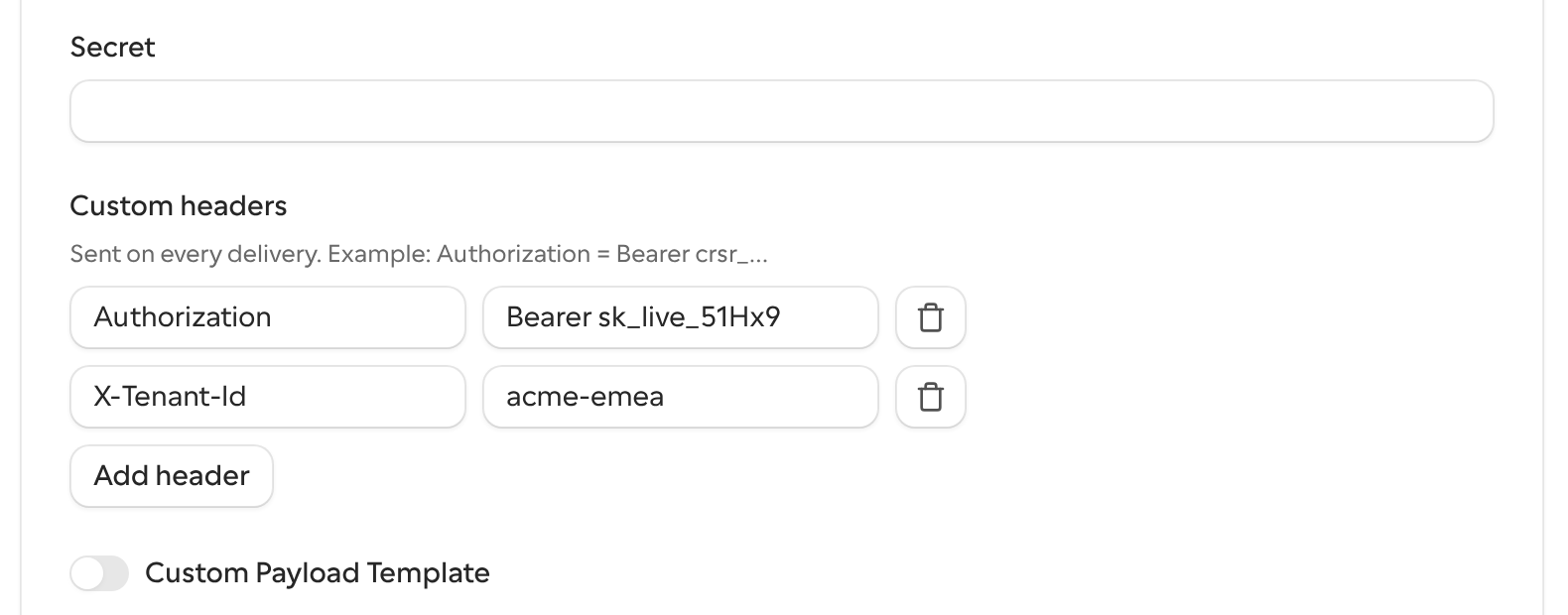 Webhook form with the Custom headers section and an Authorization header added