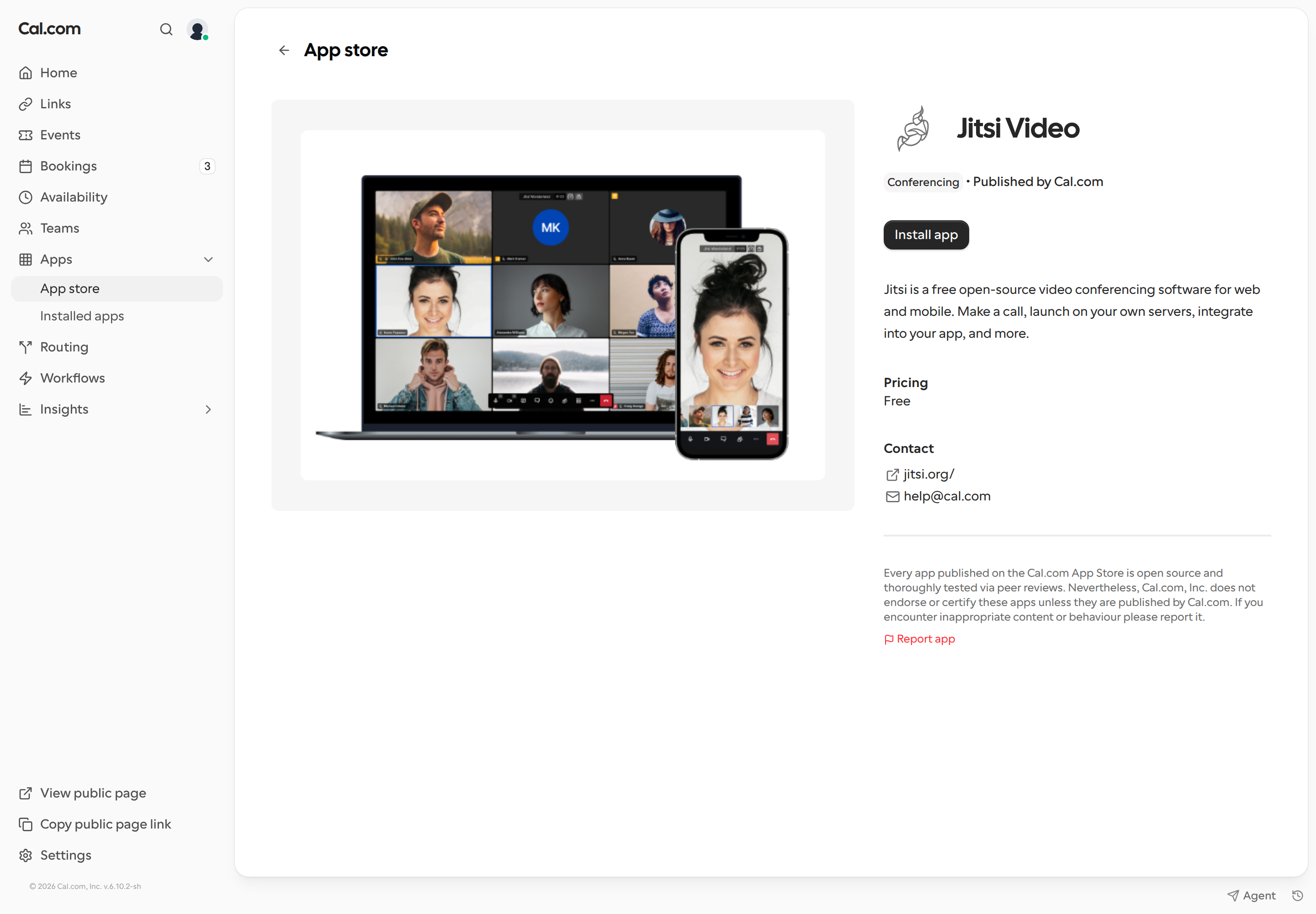 Jitsi Video app details with the Install app button.