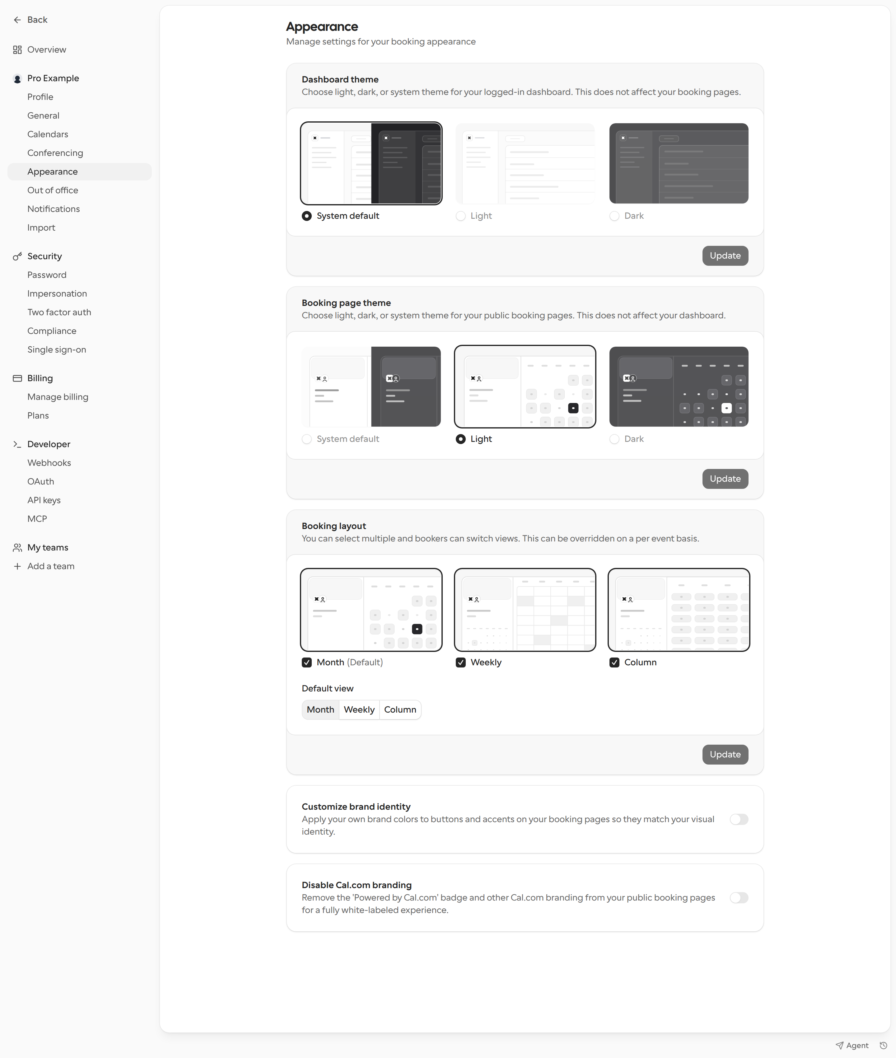 Appearance settings for dashboard theme, booking page theme, booking layout, brand identity, and Cal.com branding