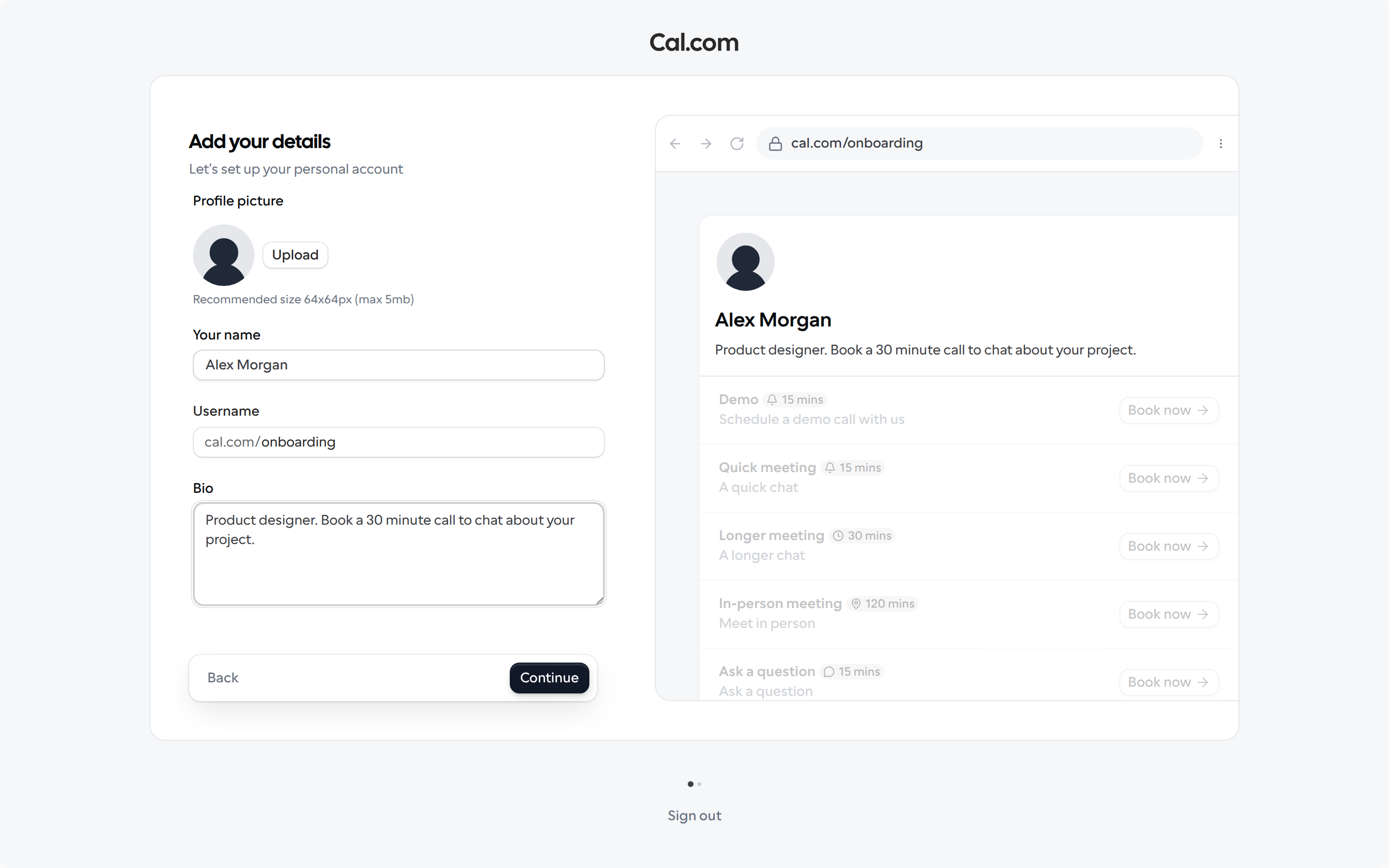 Add your details step with profile picture, name, username and bio fields next to a booking page preview