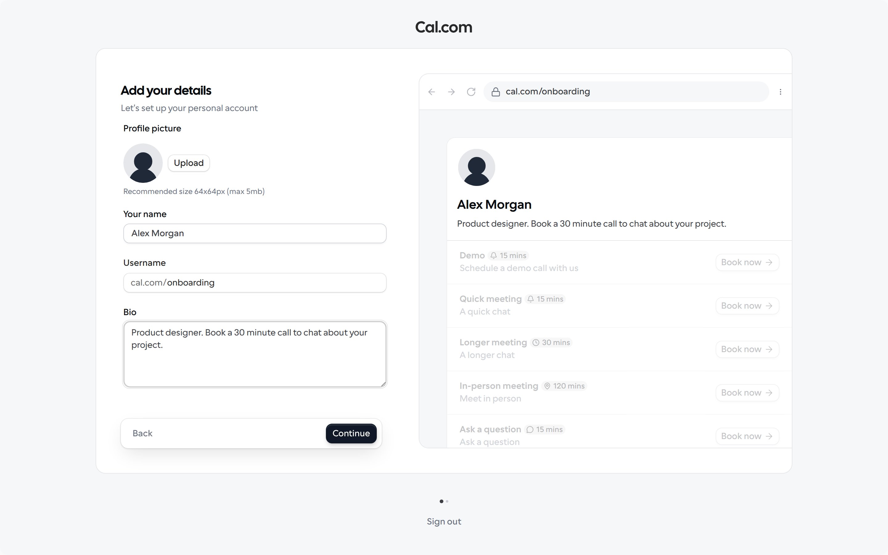 Add your details step with profile picture, name, username and bio fields next to a booking page preview