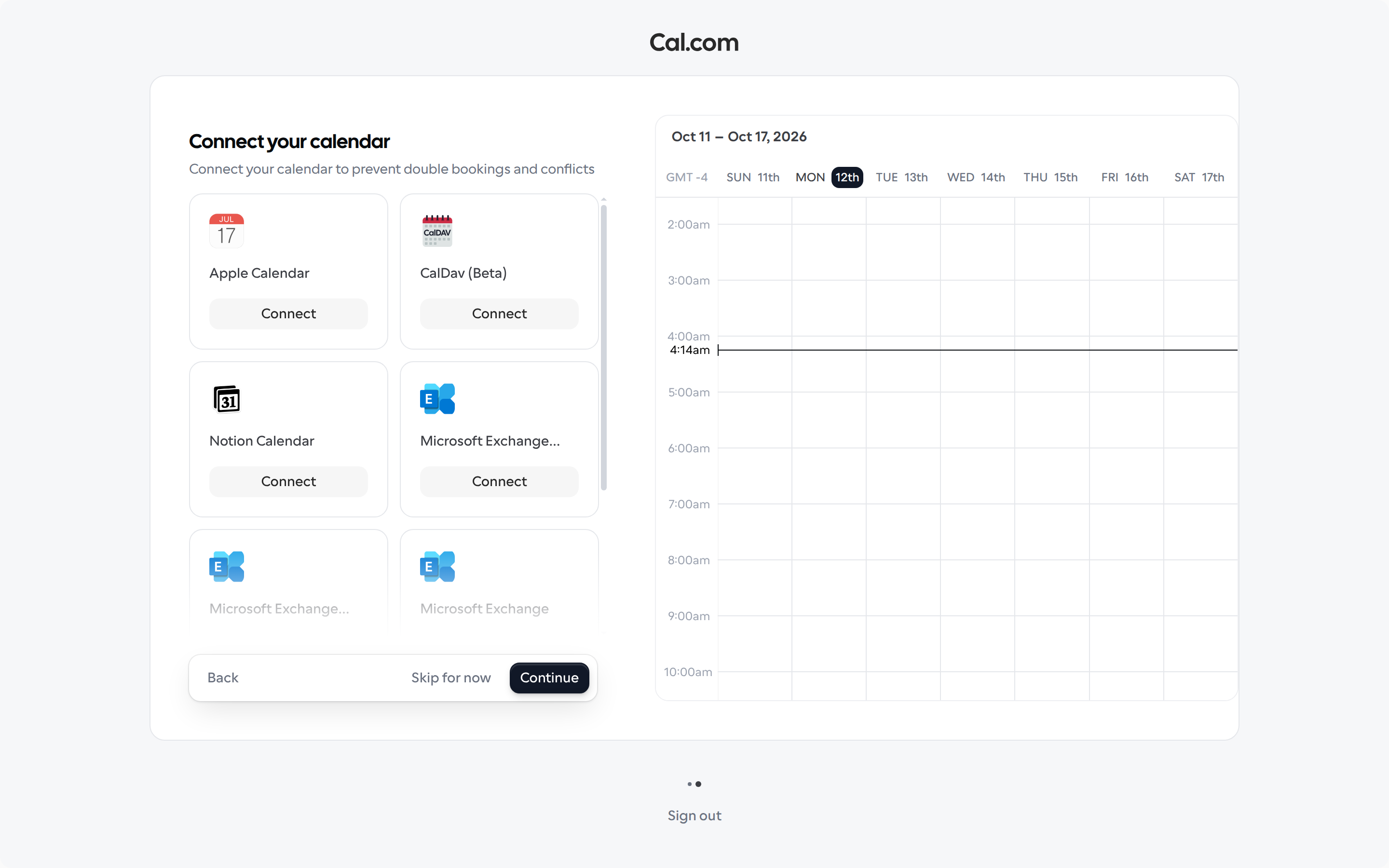 Connect your calendar step with a list of calendar apps and a weekly calendar preview