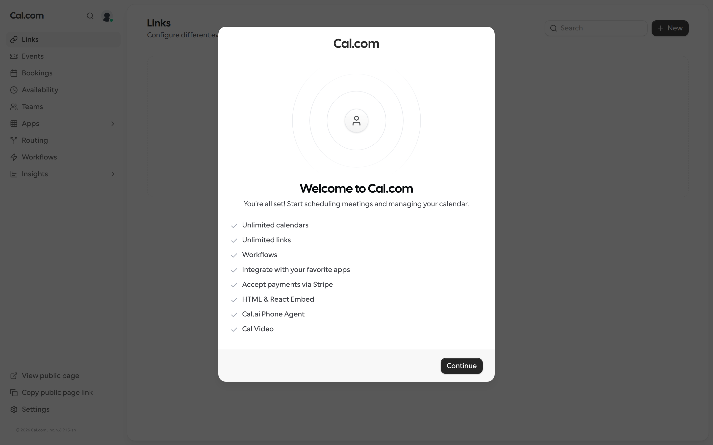 Welcome to Cal.com message shown after onboarding
