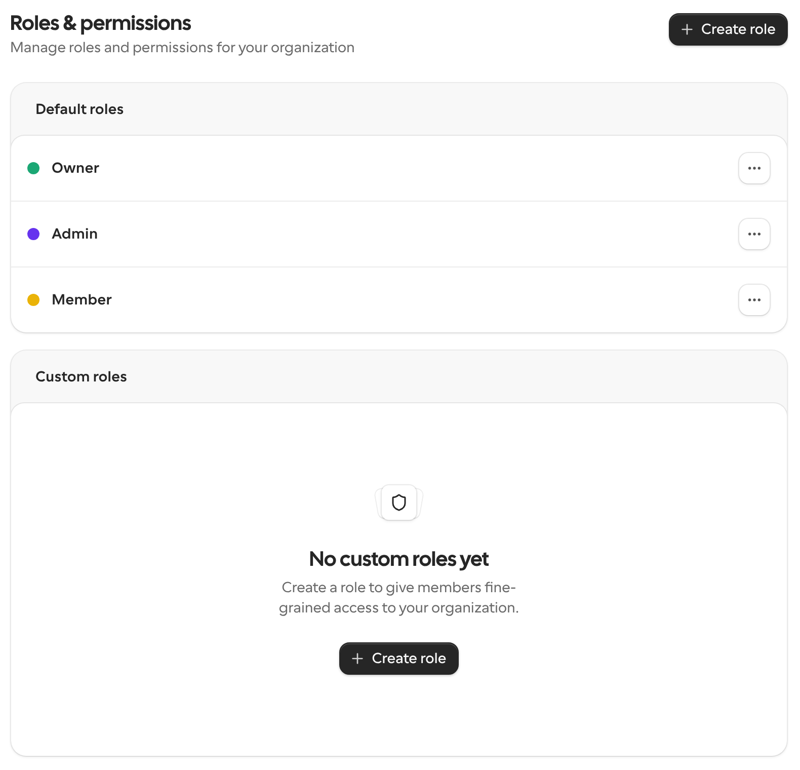 Roles and permissions page with the default roles and a custom role