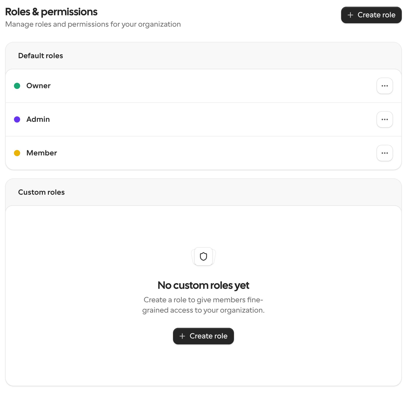 Roles and permissions page with the default roles and a custom role