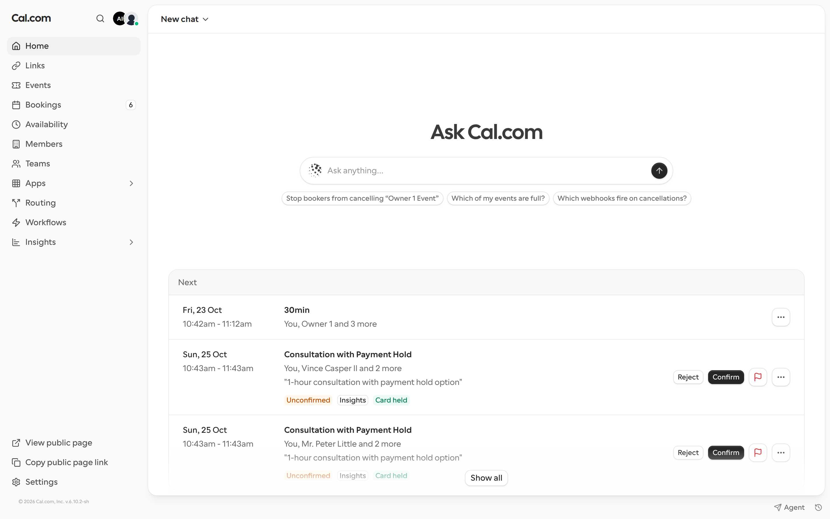 Home page with the Ask Cal.com box, suggested prompts and the Next bookings list