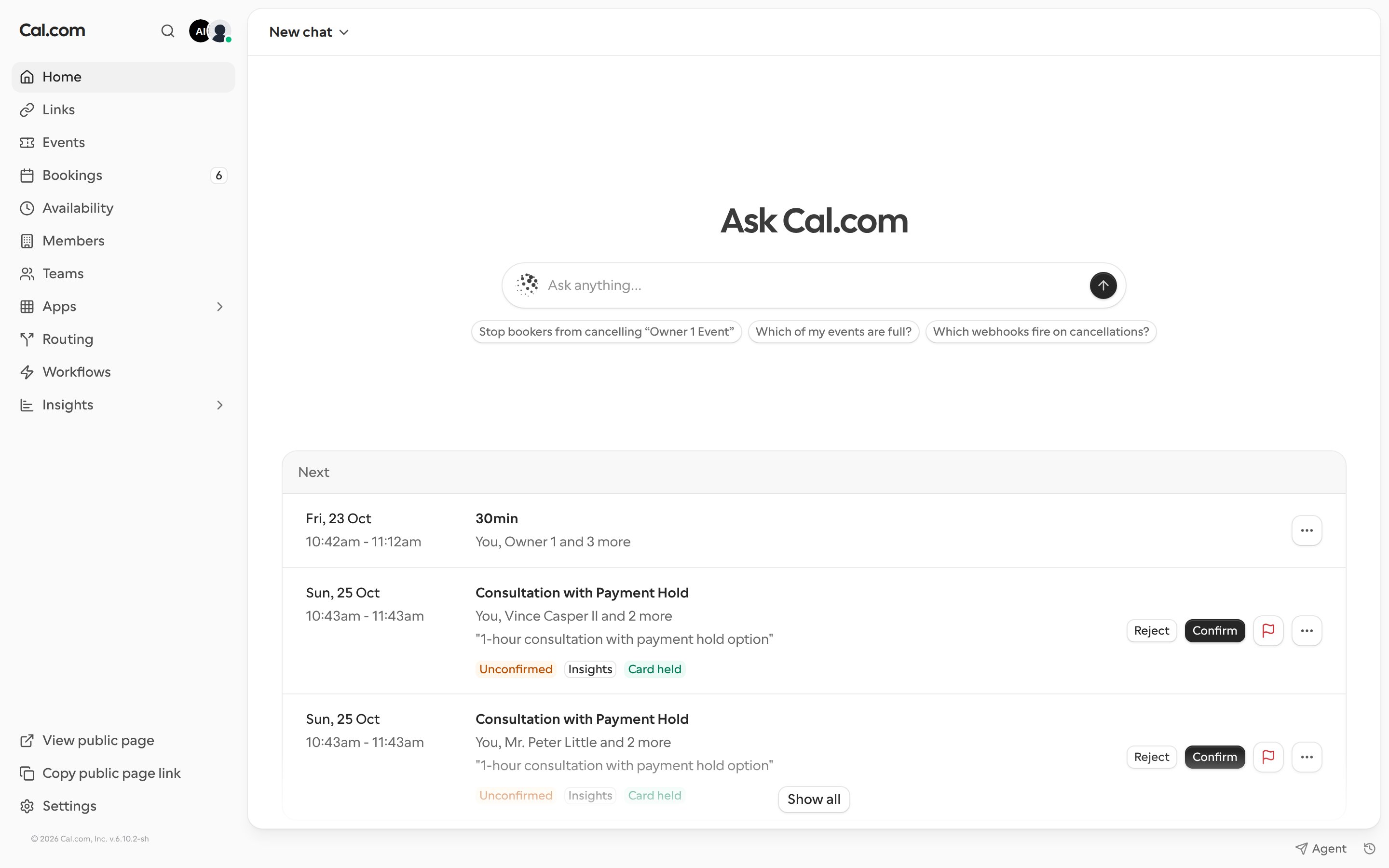 Home page with the Ask Cal.com box, suggested prompts and the Next bookings list