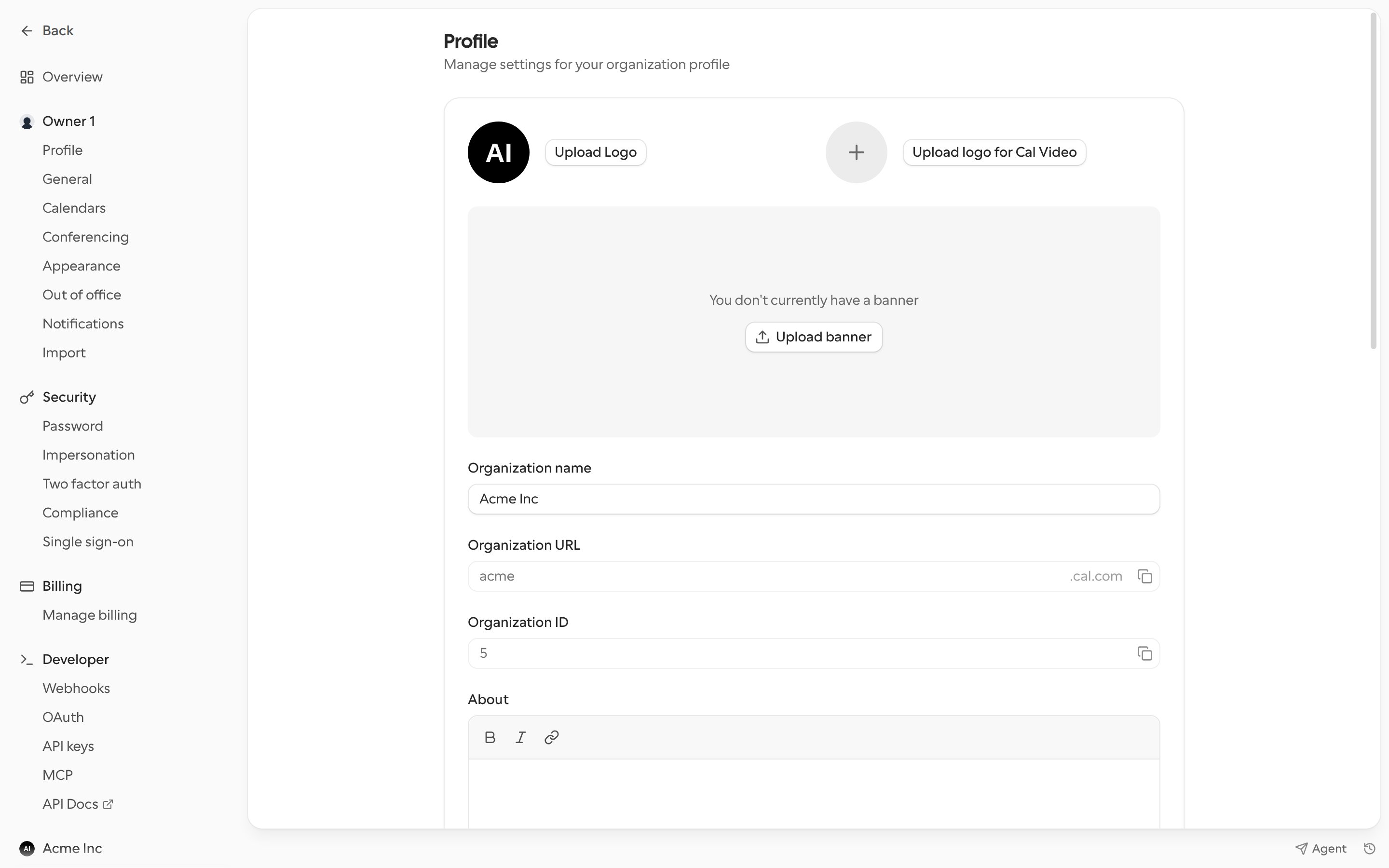 Organization profile settings with logo, banner, name, URL and ID