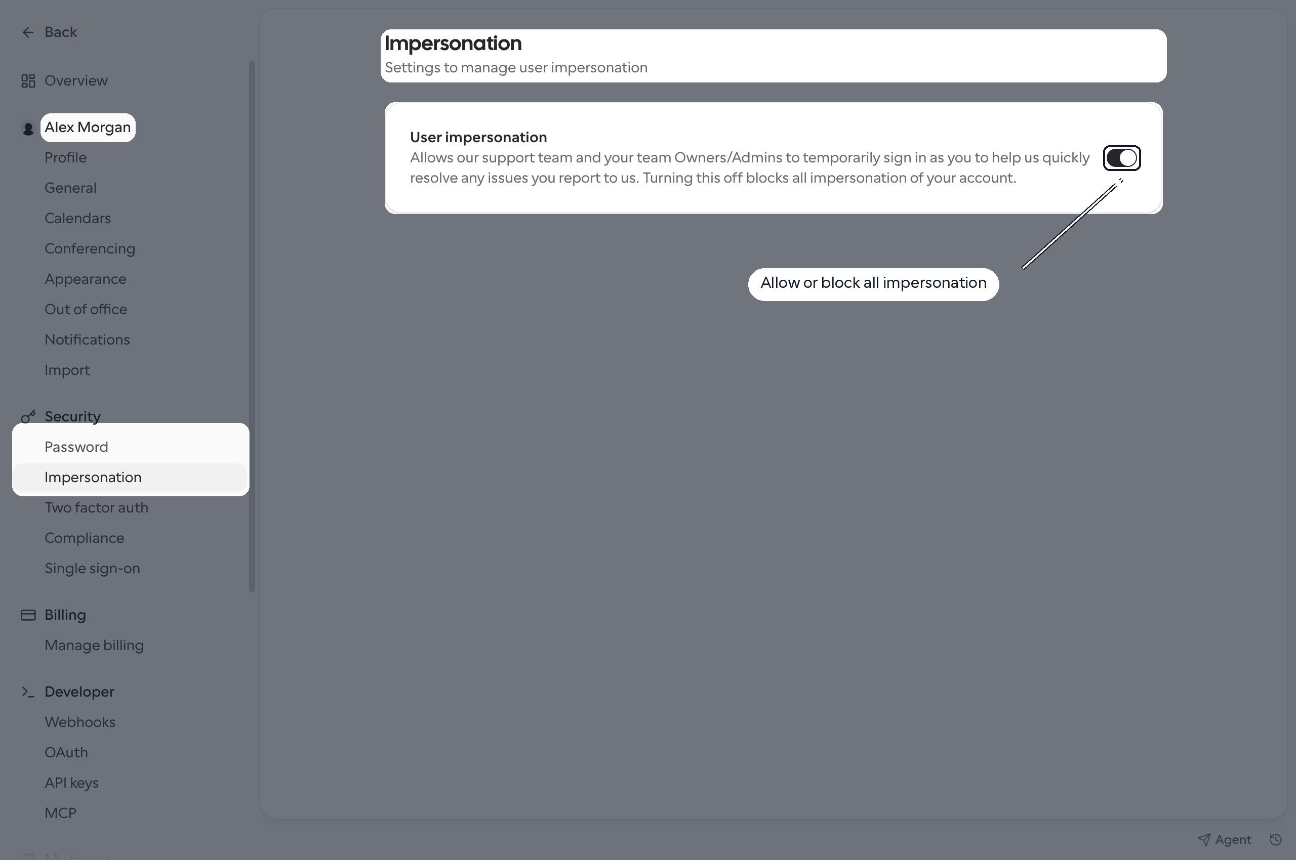 Security Impersonation settings with the account-wide User impersonation switch highlighted