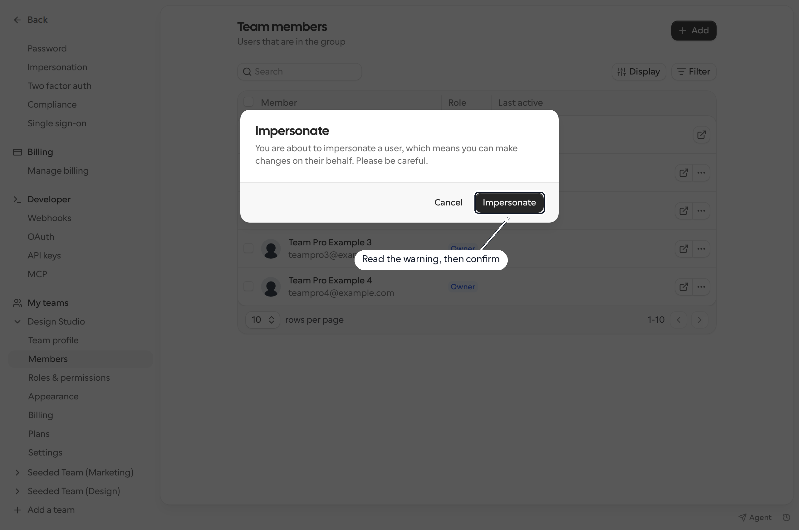 Confirmation dialog warning that impersonation allows changes on the member's behalf, with the Impersonate button highlighted