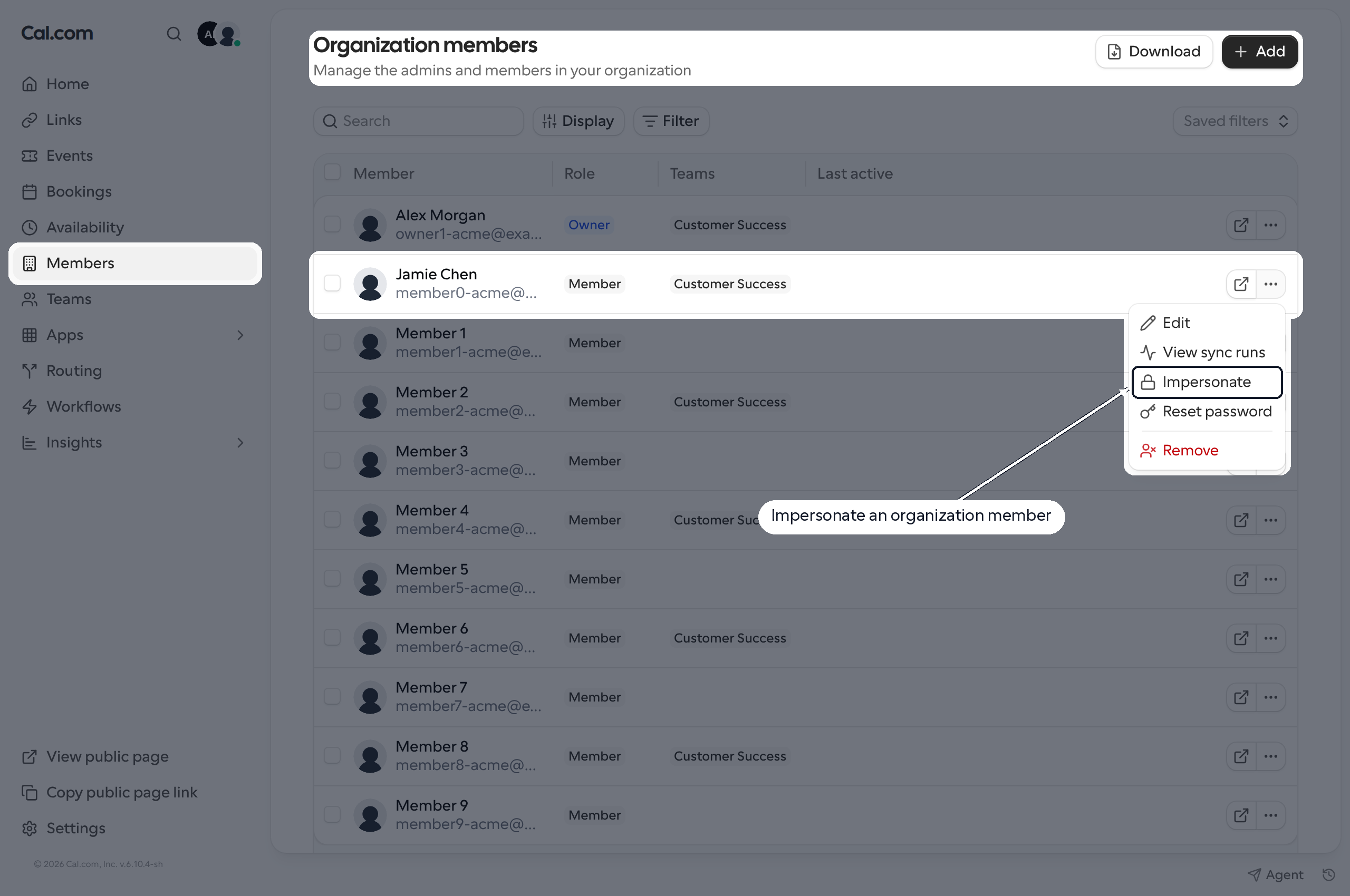 Organization Members page with Impersonate highlighted in a member's three-dot menu