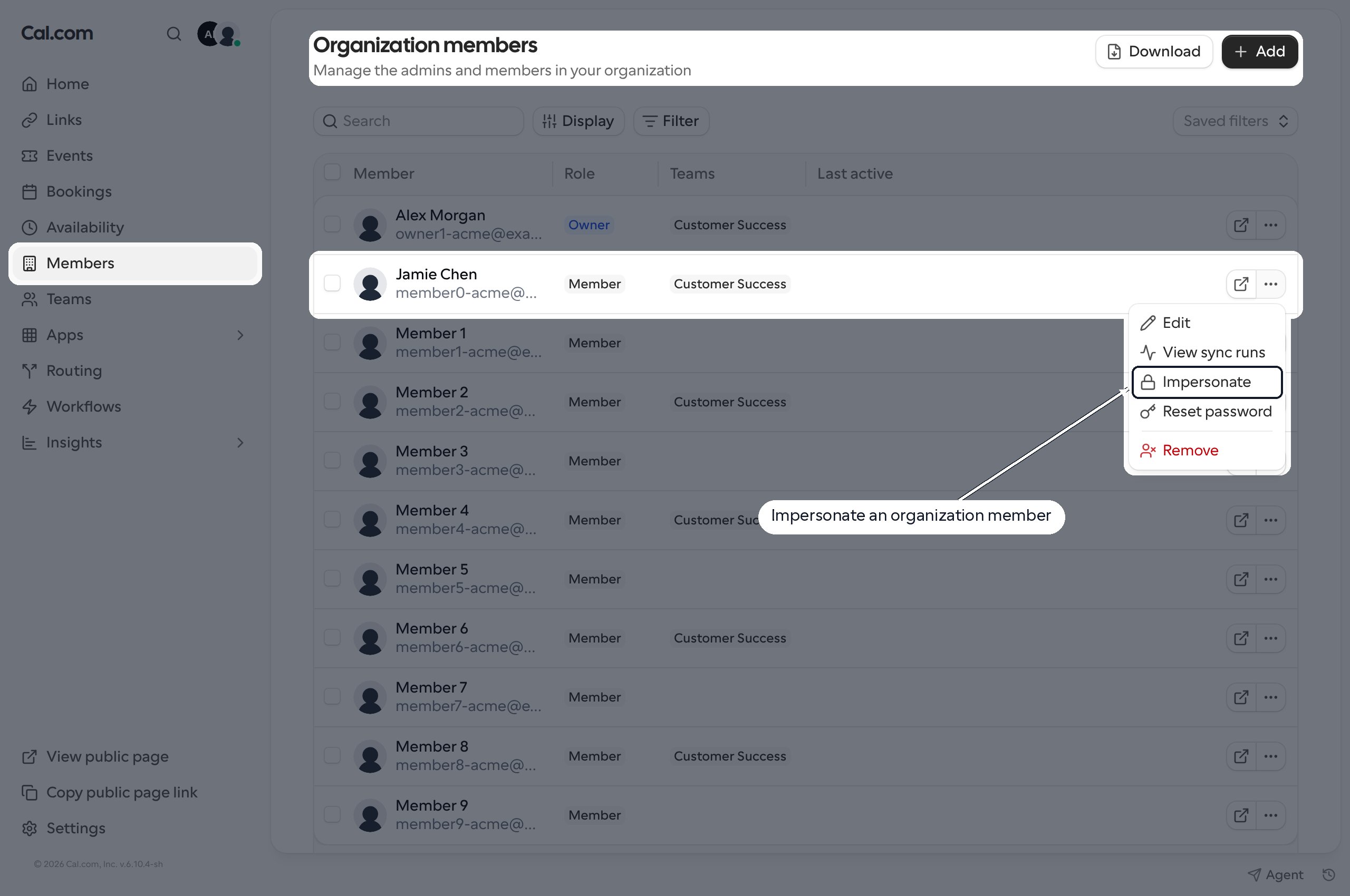 Organization Members page with Impersonate highlighted in a member's three-dot menu