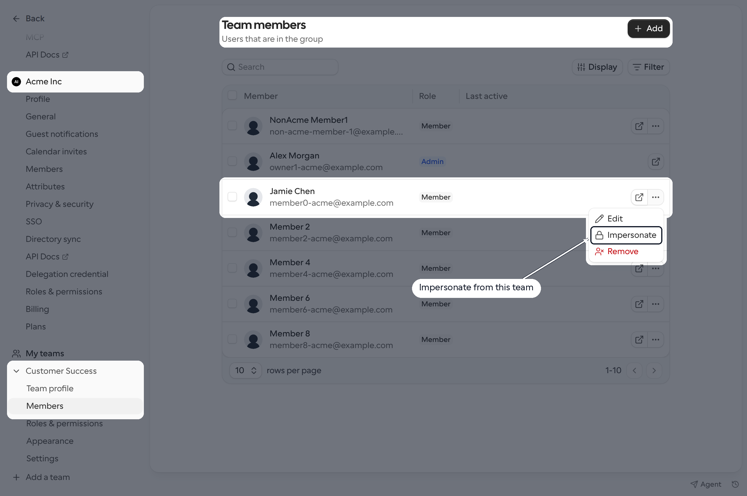Members page for a team within an organization, with Impersonate highlighted in the member's menu