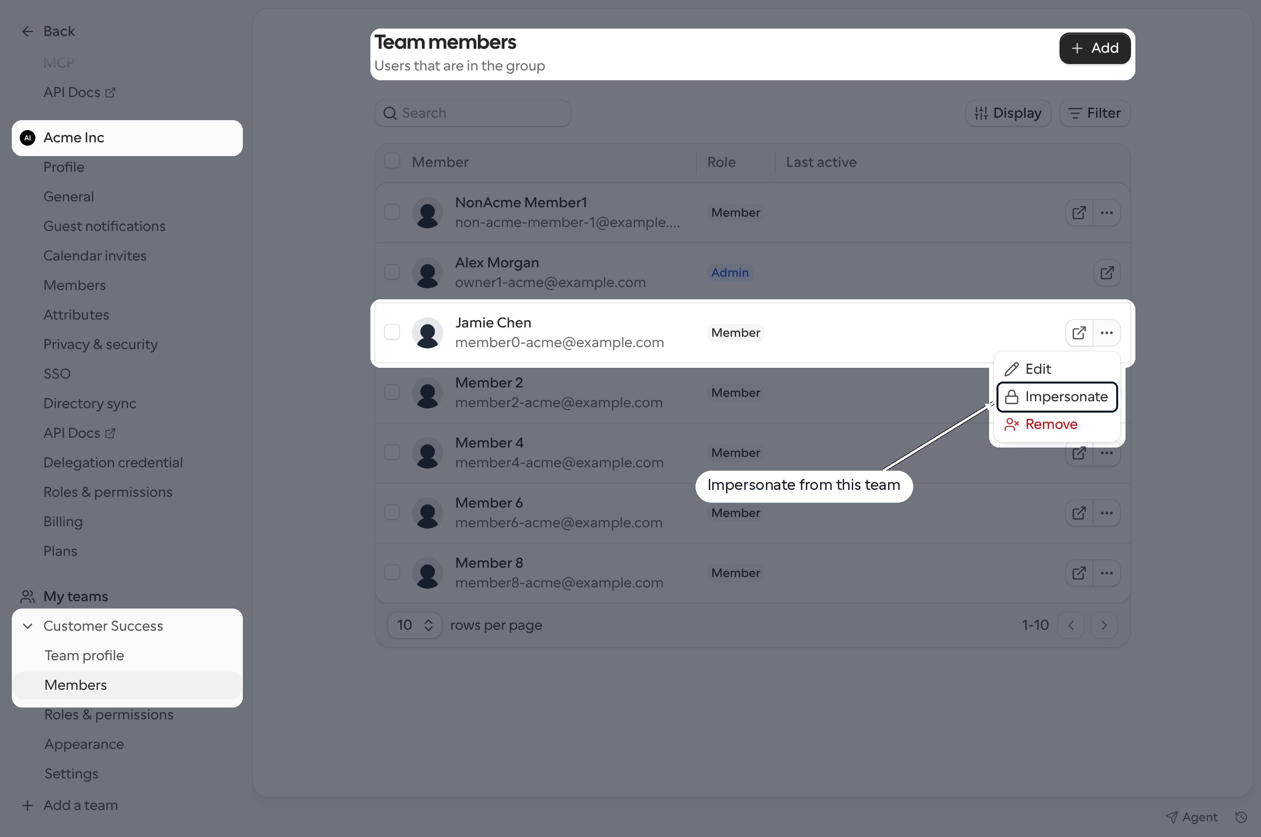 Members page for a team within an organization, with Impersonate highlighted in the member's menu