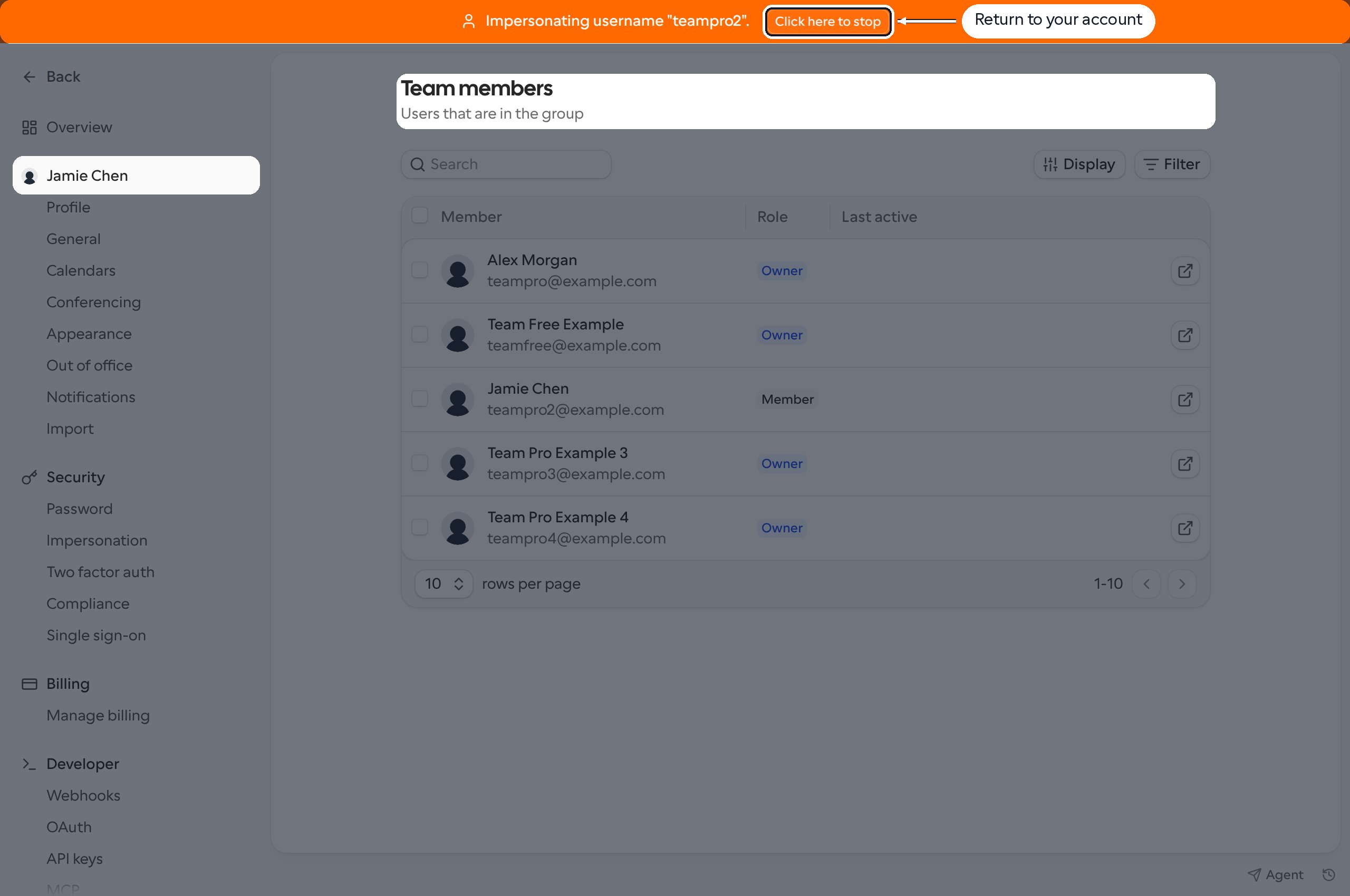 Orange impersonation banner at the top of Cal.com with Click here to stop highlighted