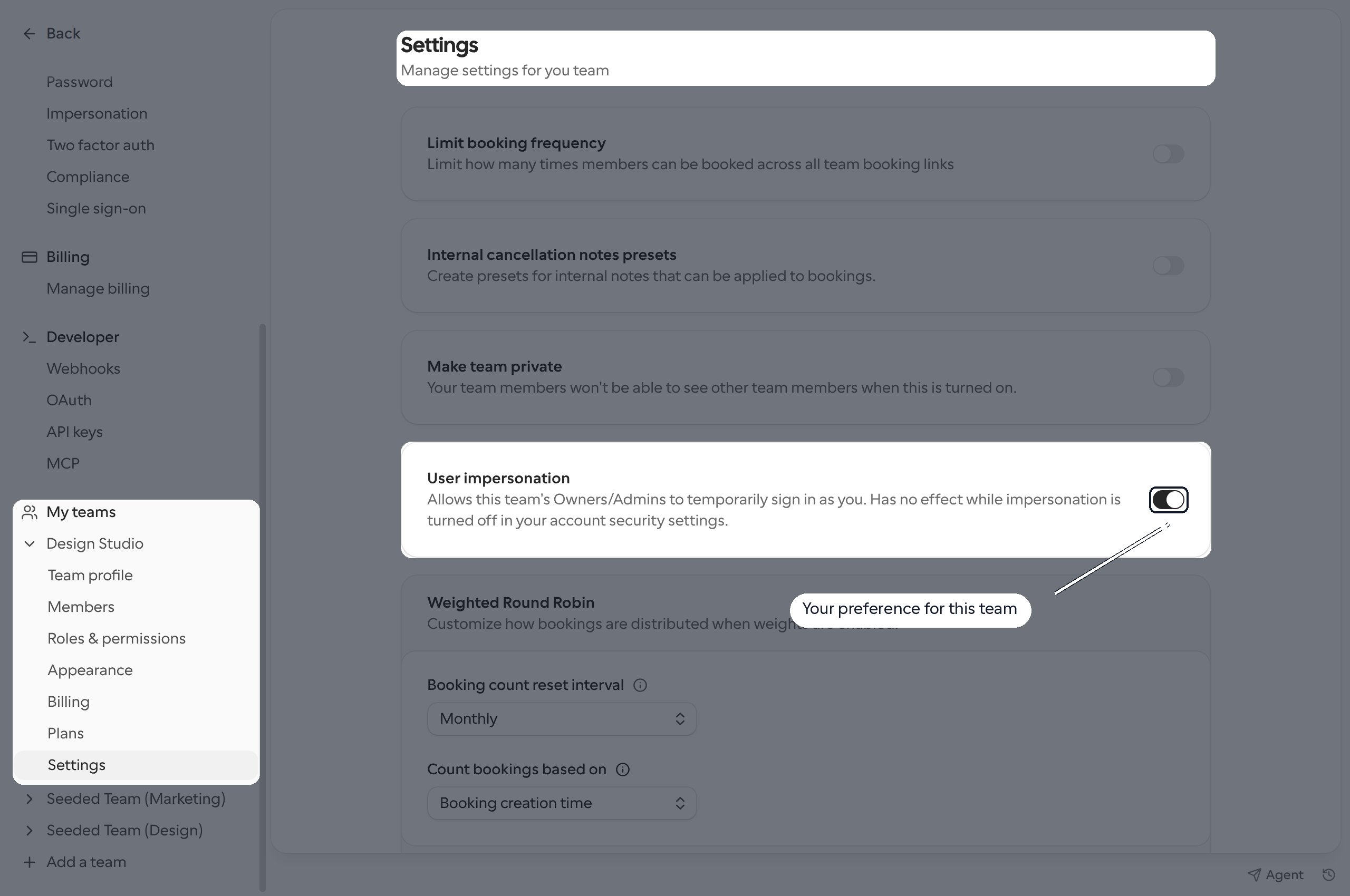Team settings with the member's team-specific User impersonation preference highlighted