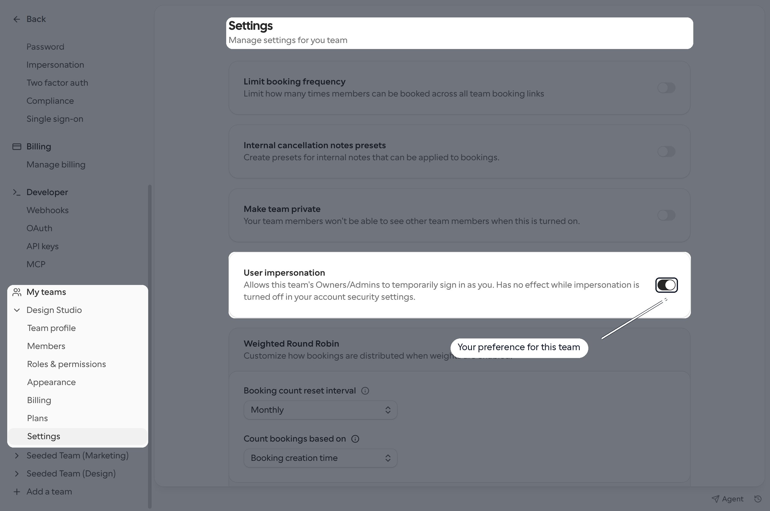 Team settings with the member's team-specific User impersonation preference highlighted