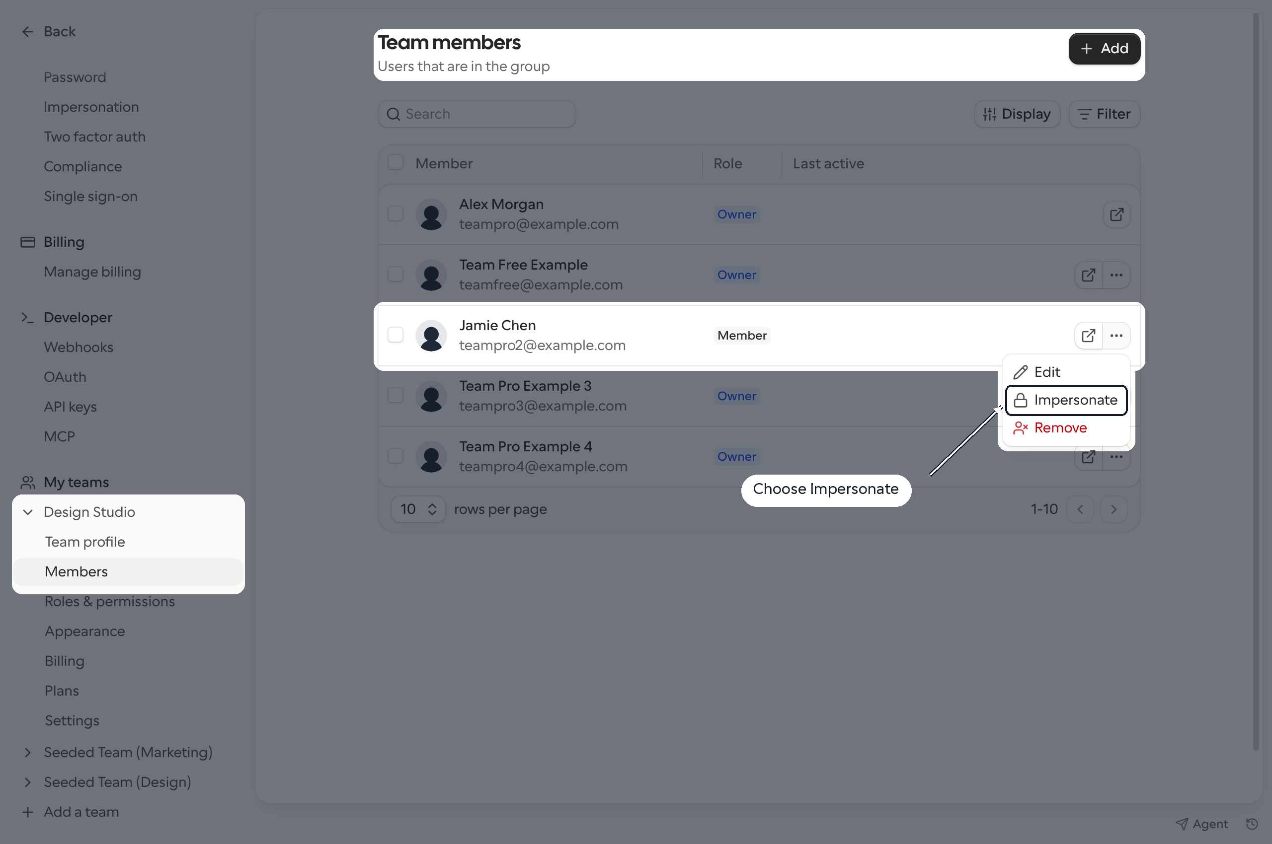 Team Members page with the member's three-dot menu open and Impersonate highlighted