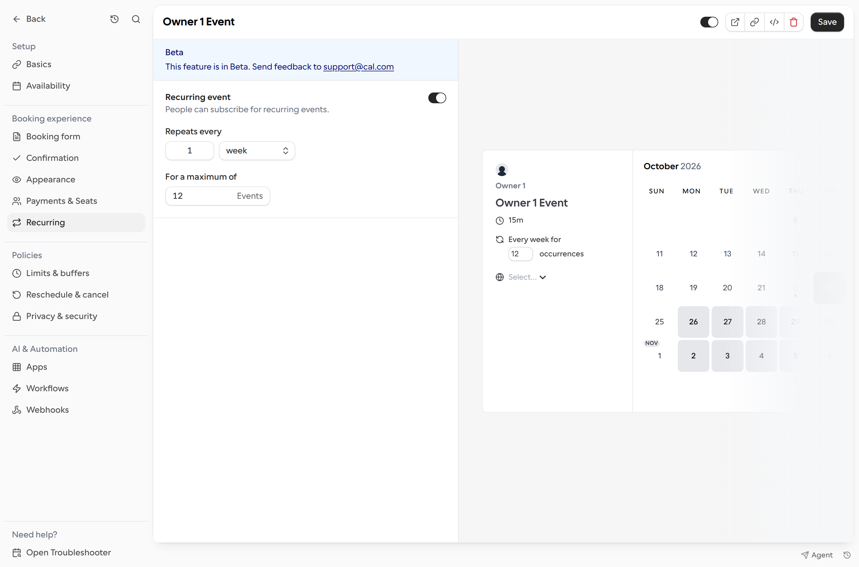Recurring event settings with a weekly interval and a maximum of 12 events