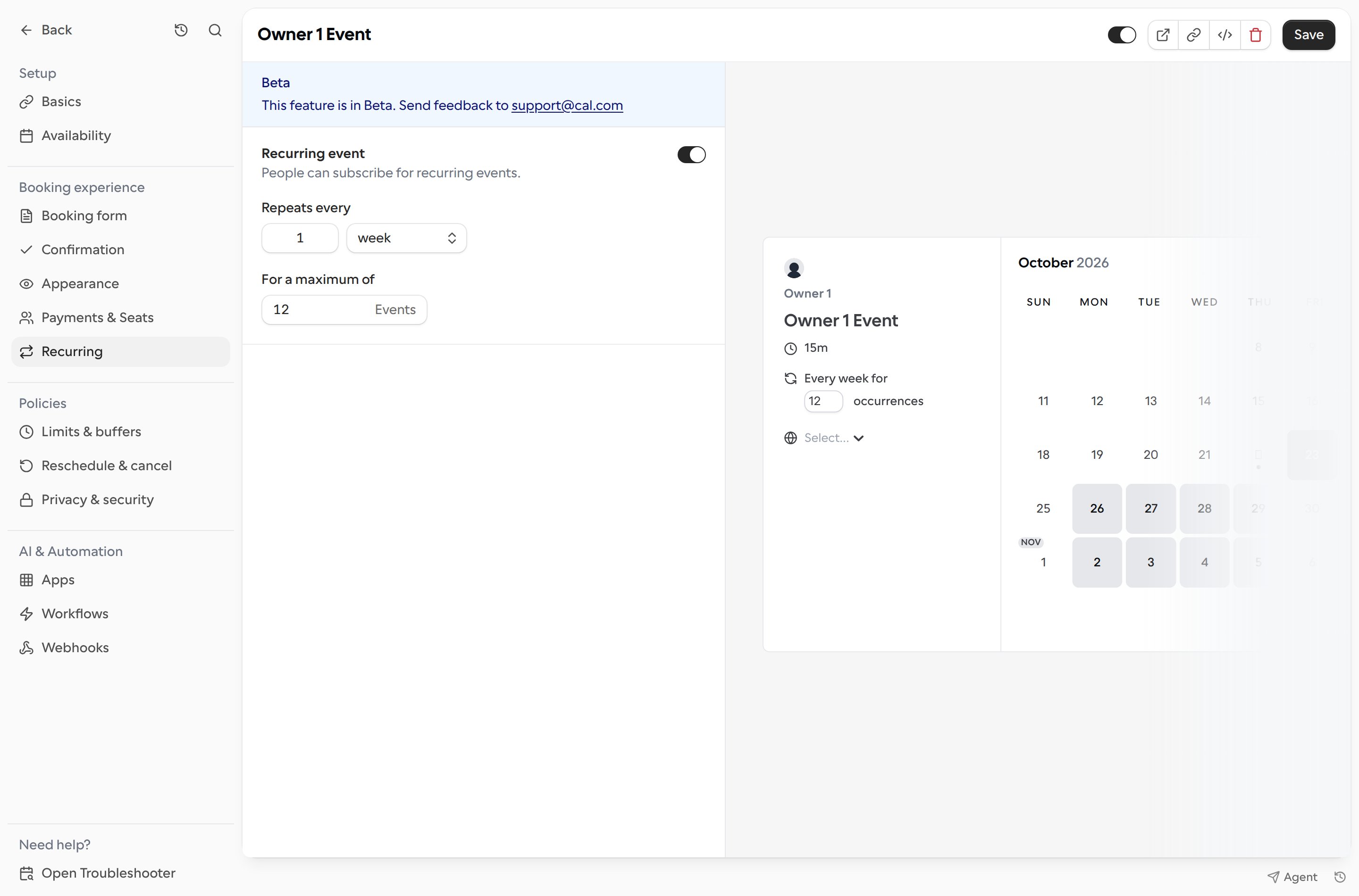 Recurring event settings with a weekly interval and a maximum of 12 events