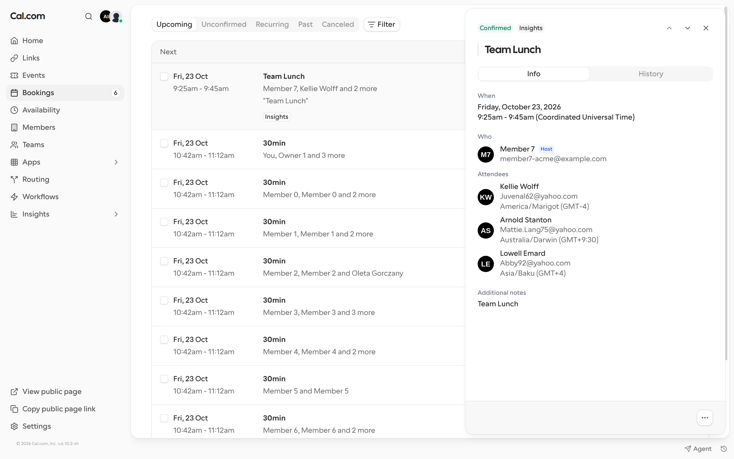 Booking details panel showing the Info tab