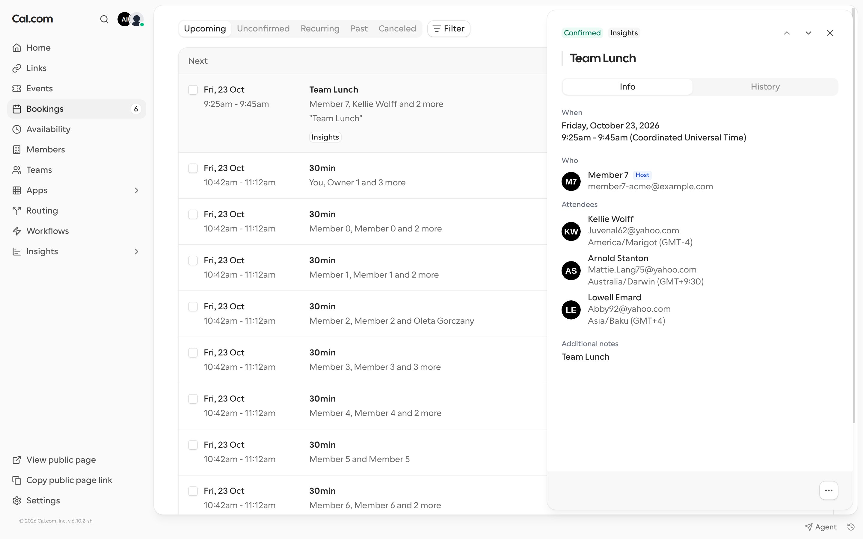 Booking details panel showing the Info tab