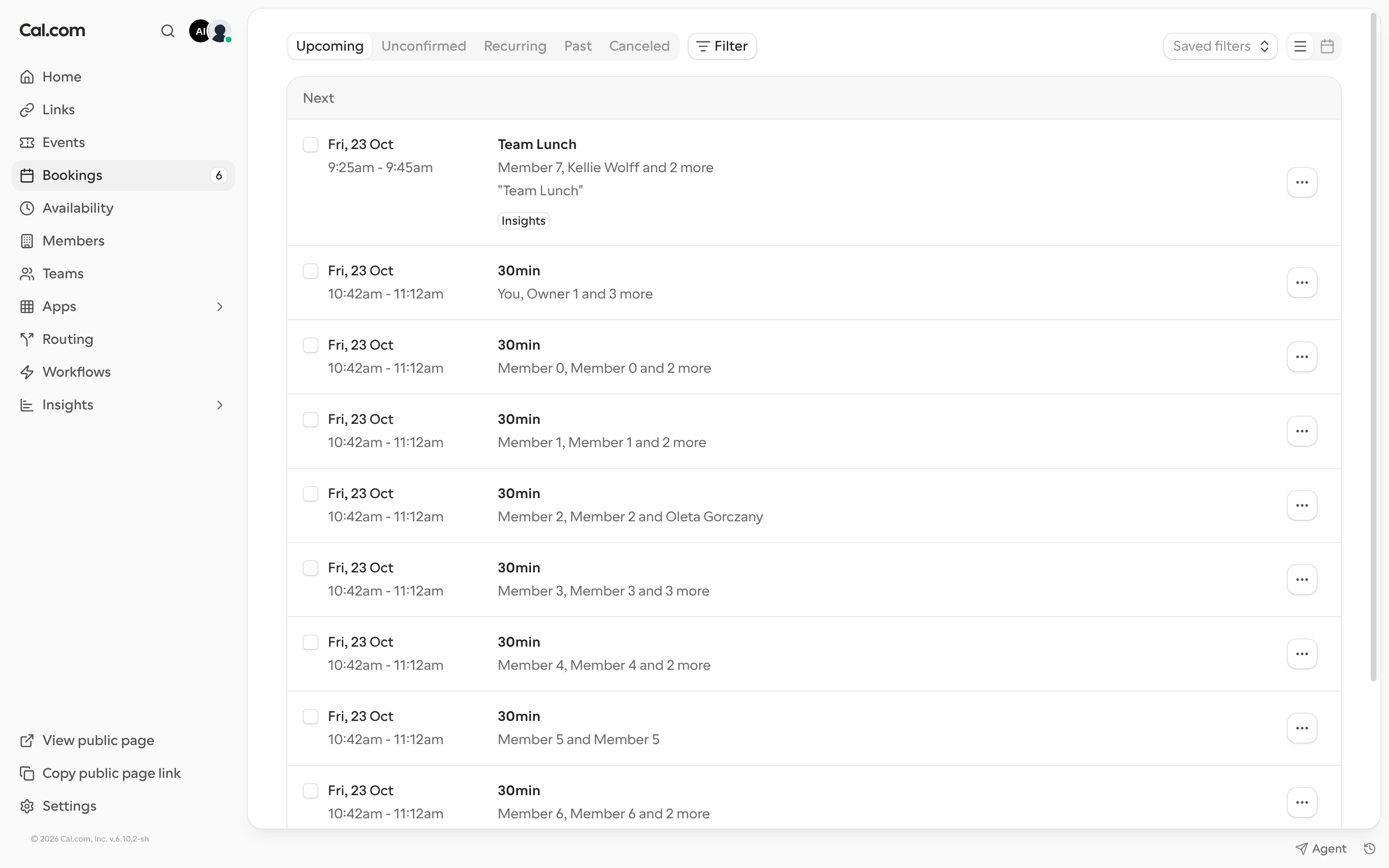 Bookings page with the Upcoming tab open