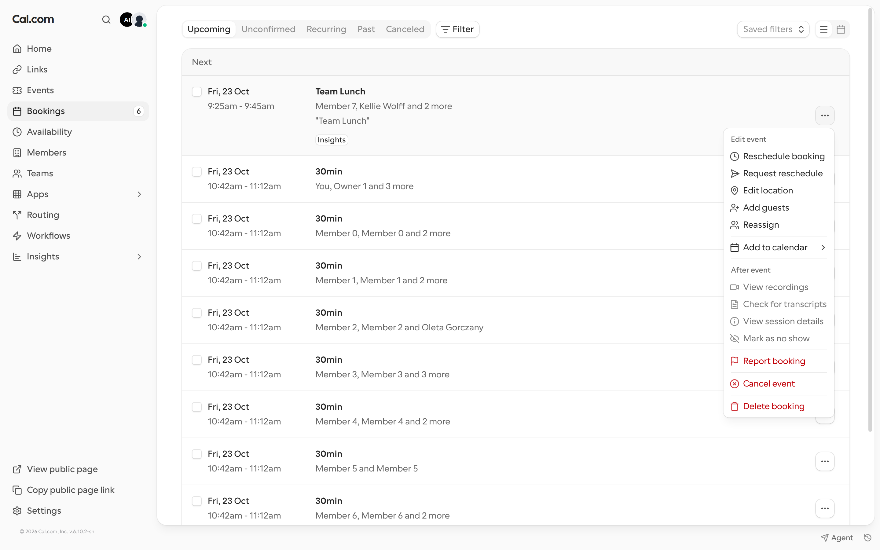 Options menu for a booking