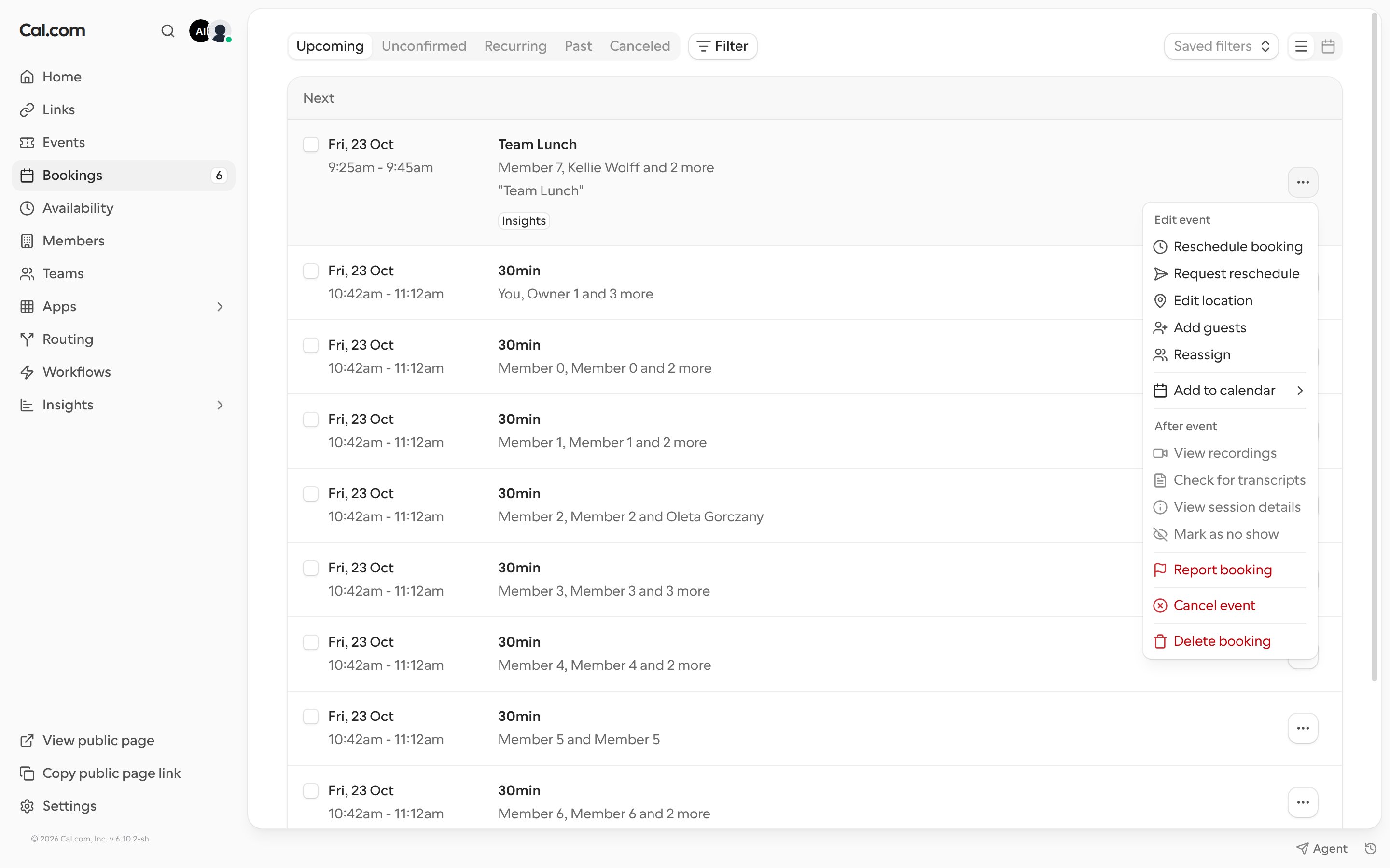 Options menu for a booking