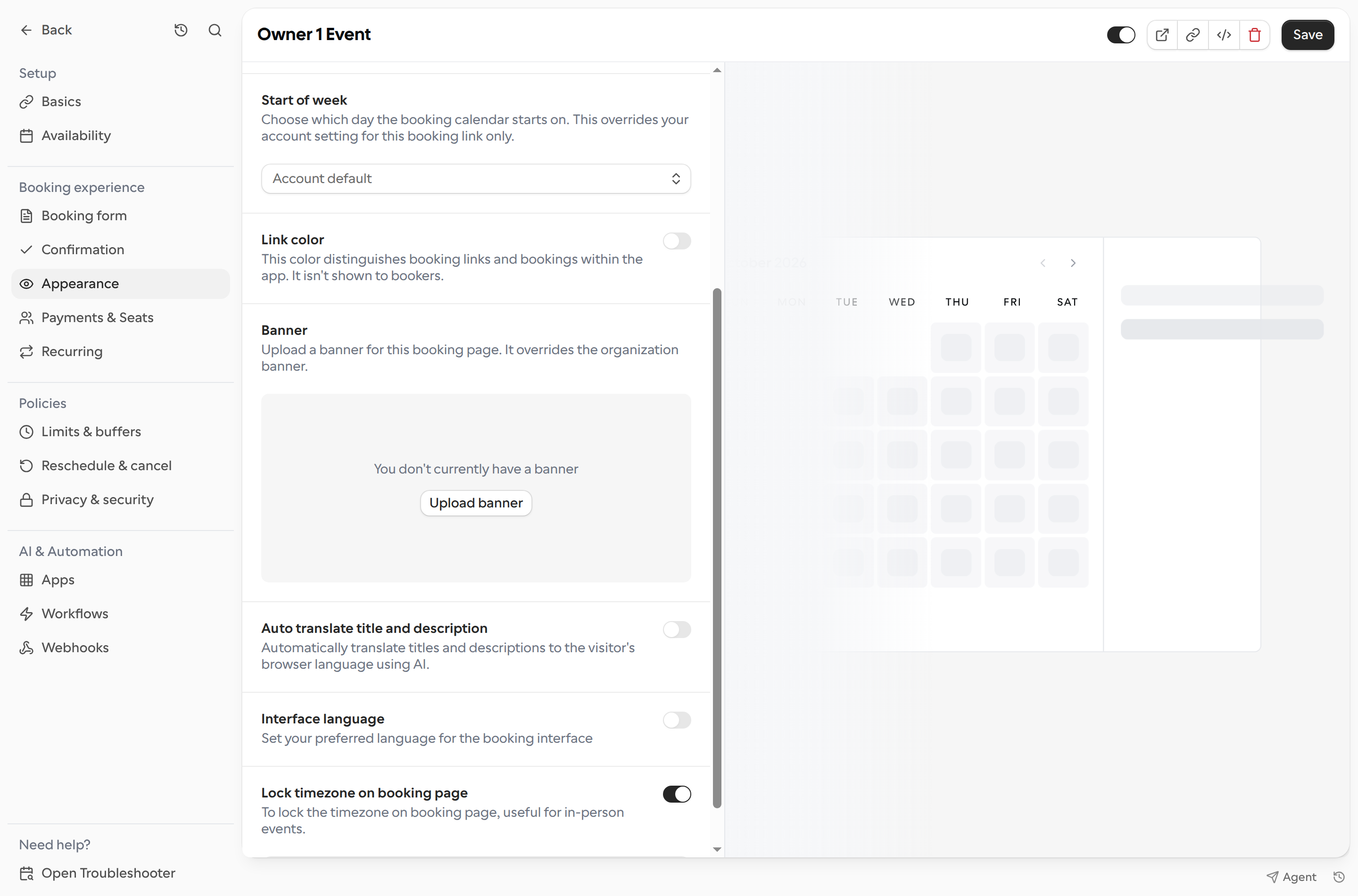 Appearance settings for a booking link, including the timezone lock