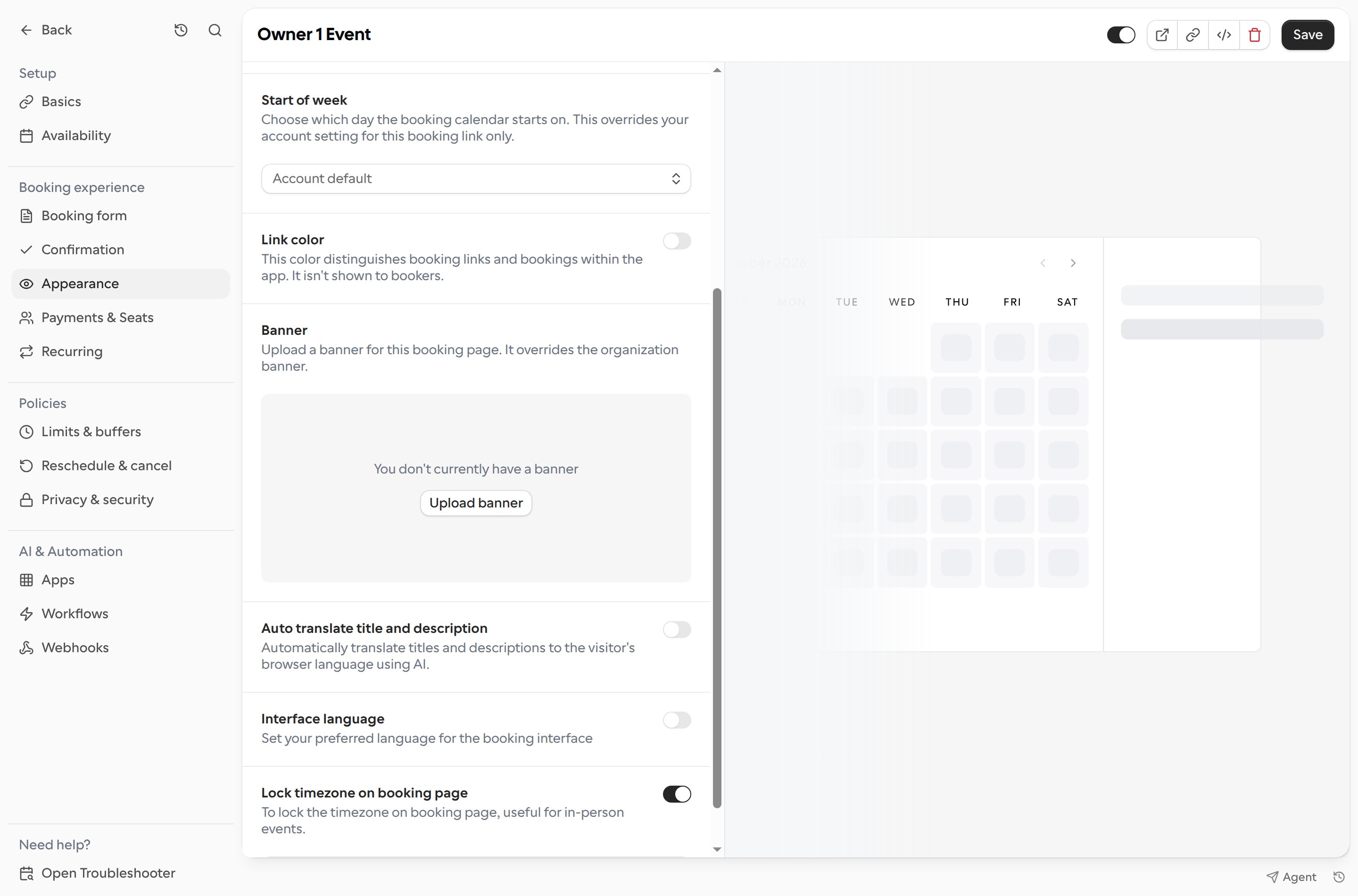 Appearance settings for a booking link, including the timezone lock