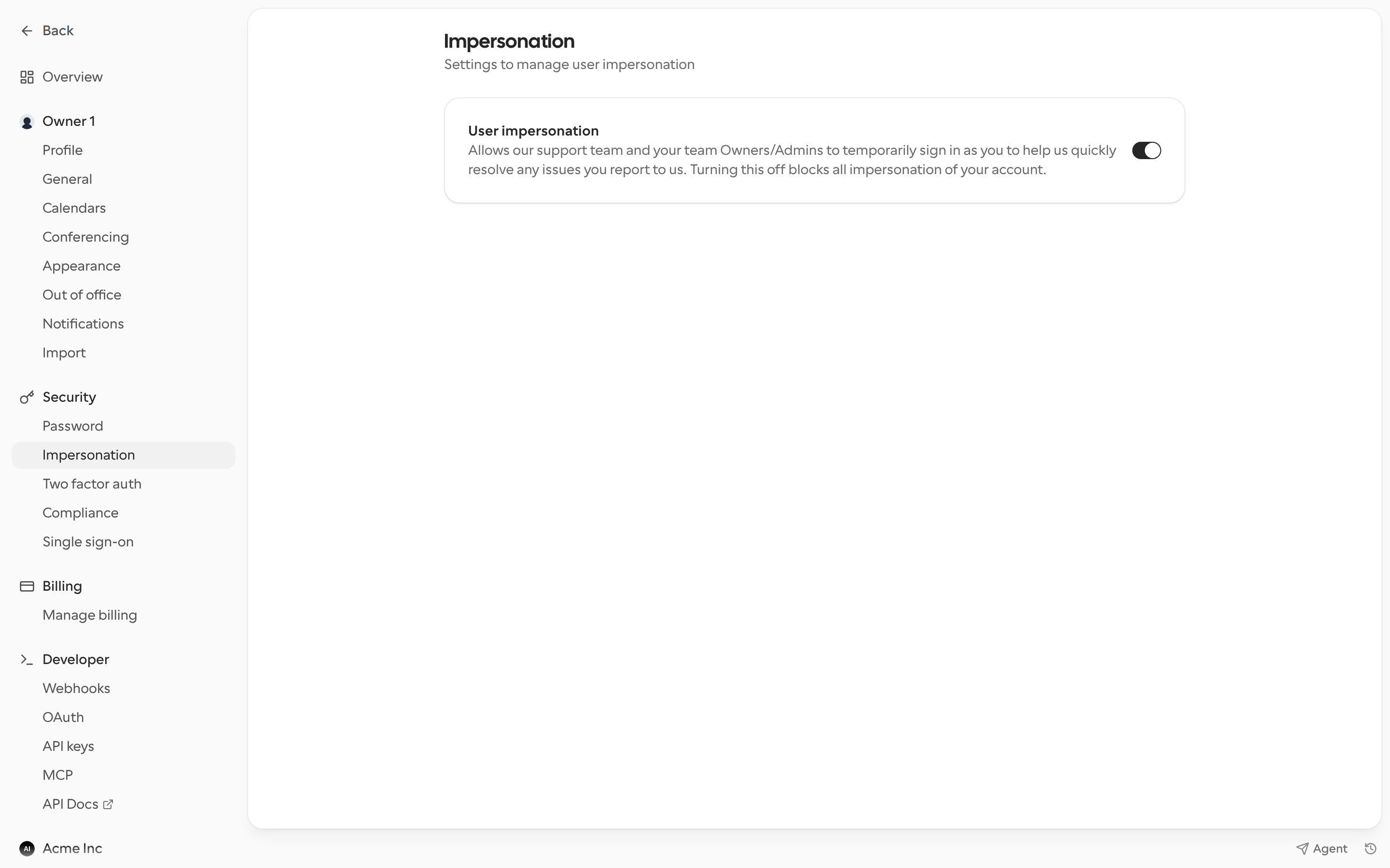 User impersonation toggle